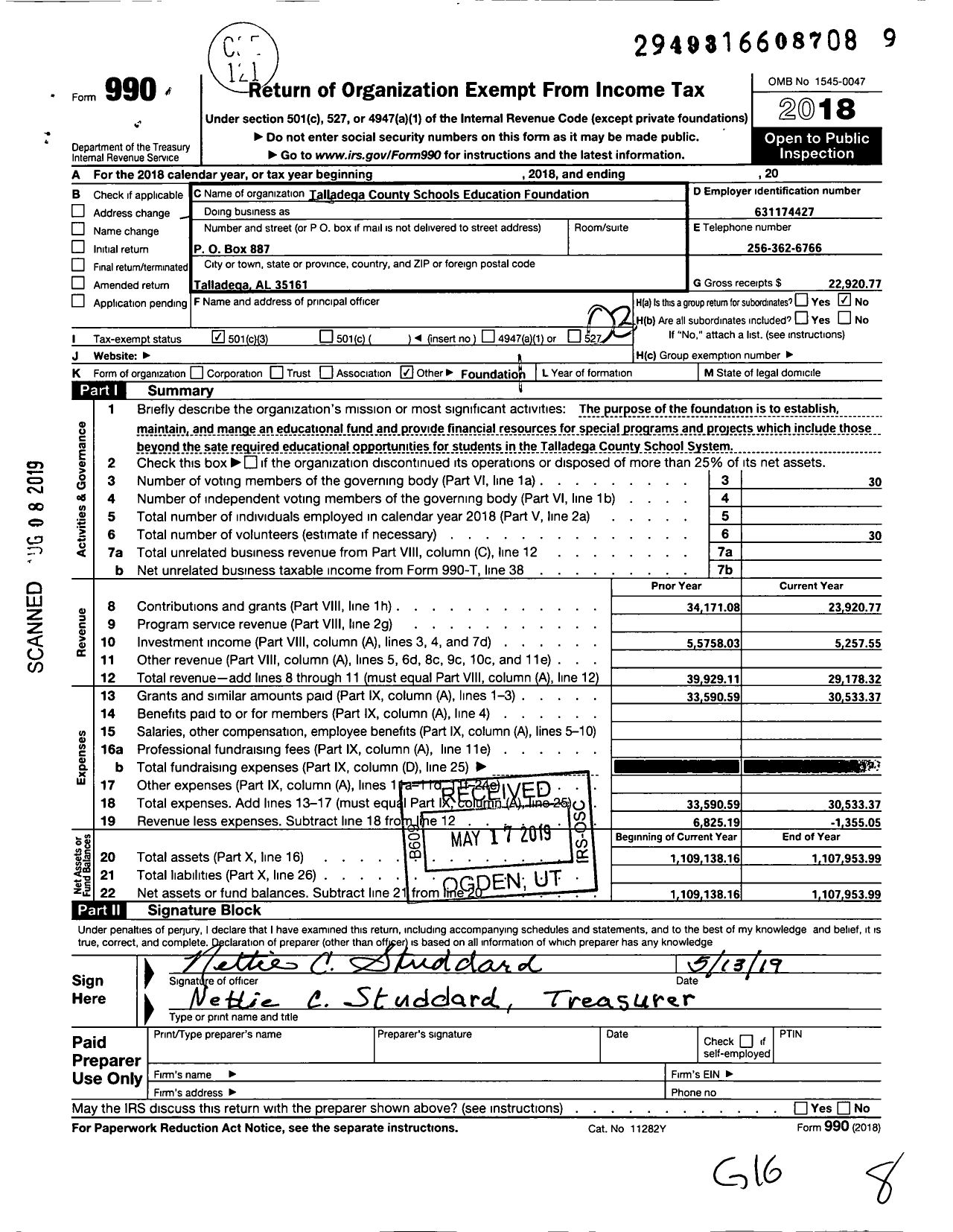 Image of first page of 2018 Form 990 for Talladega County Schools Foundation