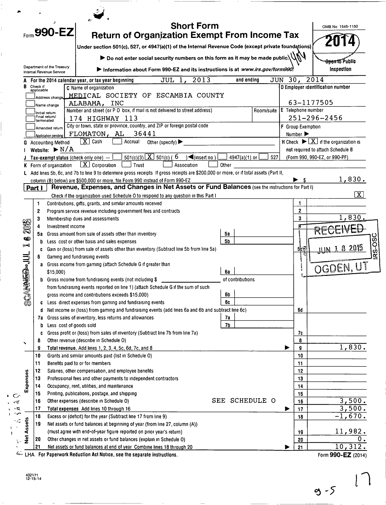 Image of first page of 2013 Form 990EO for Medical Society of Escambia County Alabama