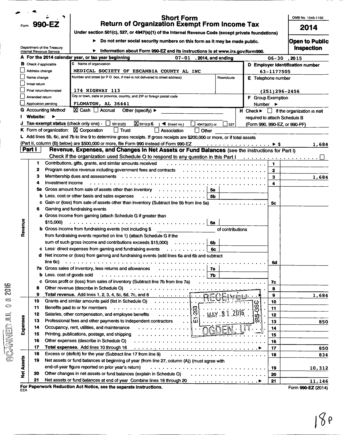 Image of first page of 2014 Form 990EO for Medical Society of Escambia County Alabama