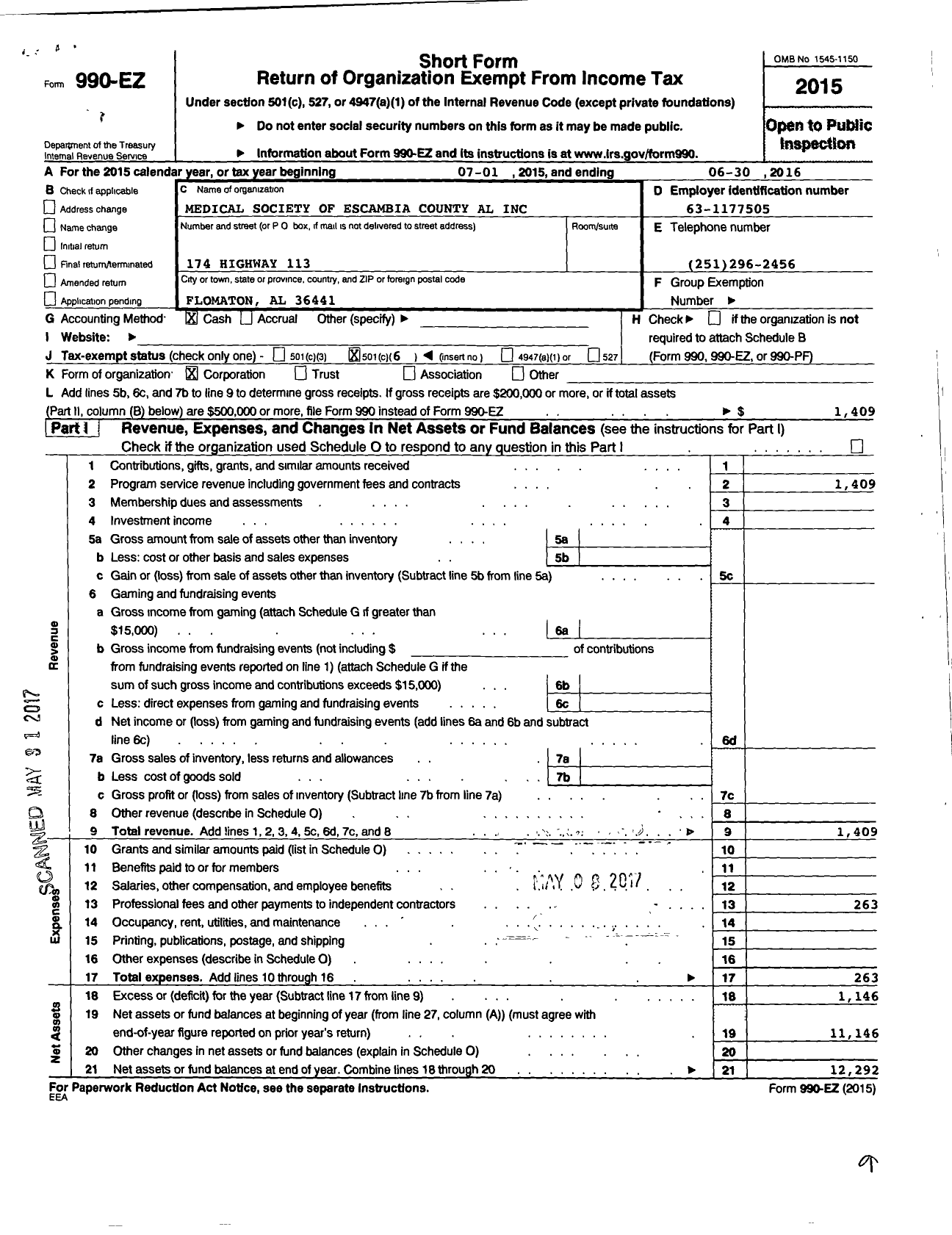 Image of first page of 2015 Form 990EO for Medical Society of Escambia County Alabama