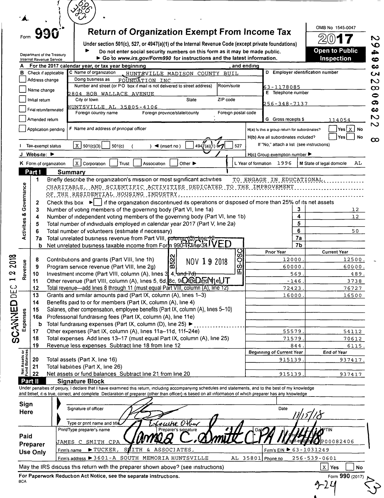 Image of first page of 2017 Form 990 for Huntsville Madison County Buil Foundation