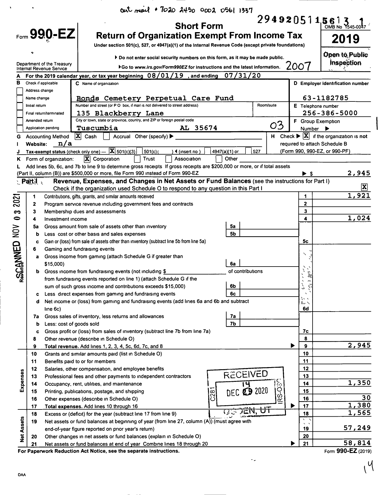 Image of first page of 2019 Form 990EZ for Bonds Cemetery Perpetual Care Fund