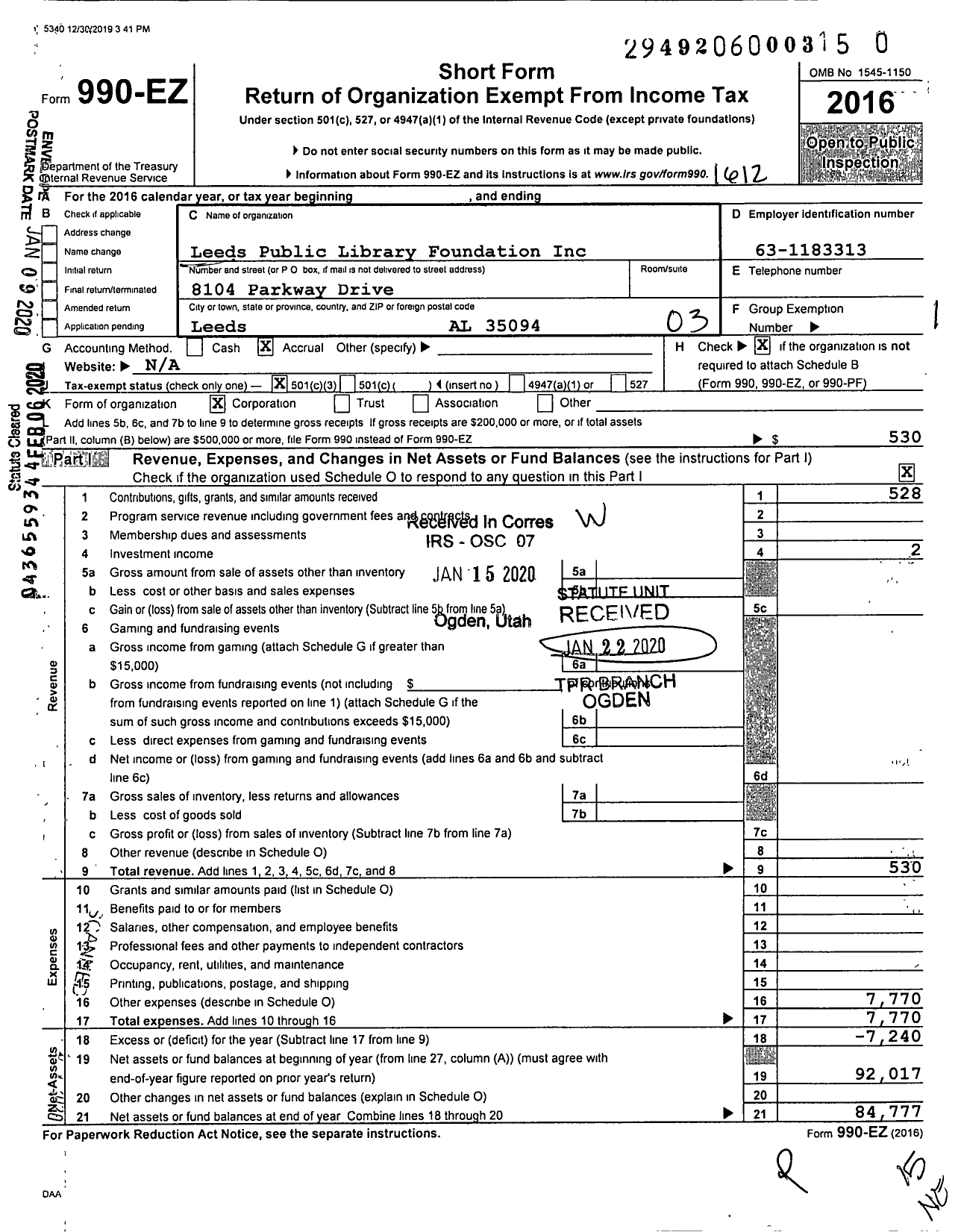 Image of first page of 2016 Form 990EZ for Leeds Public Library Foundation