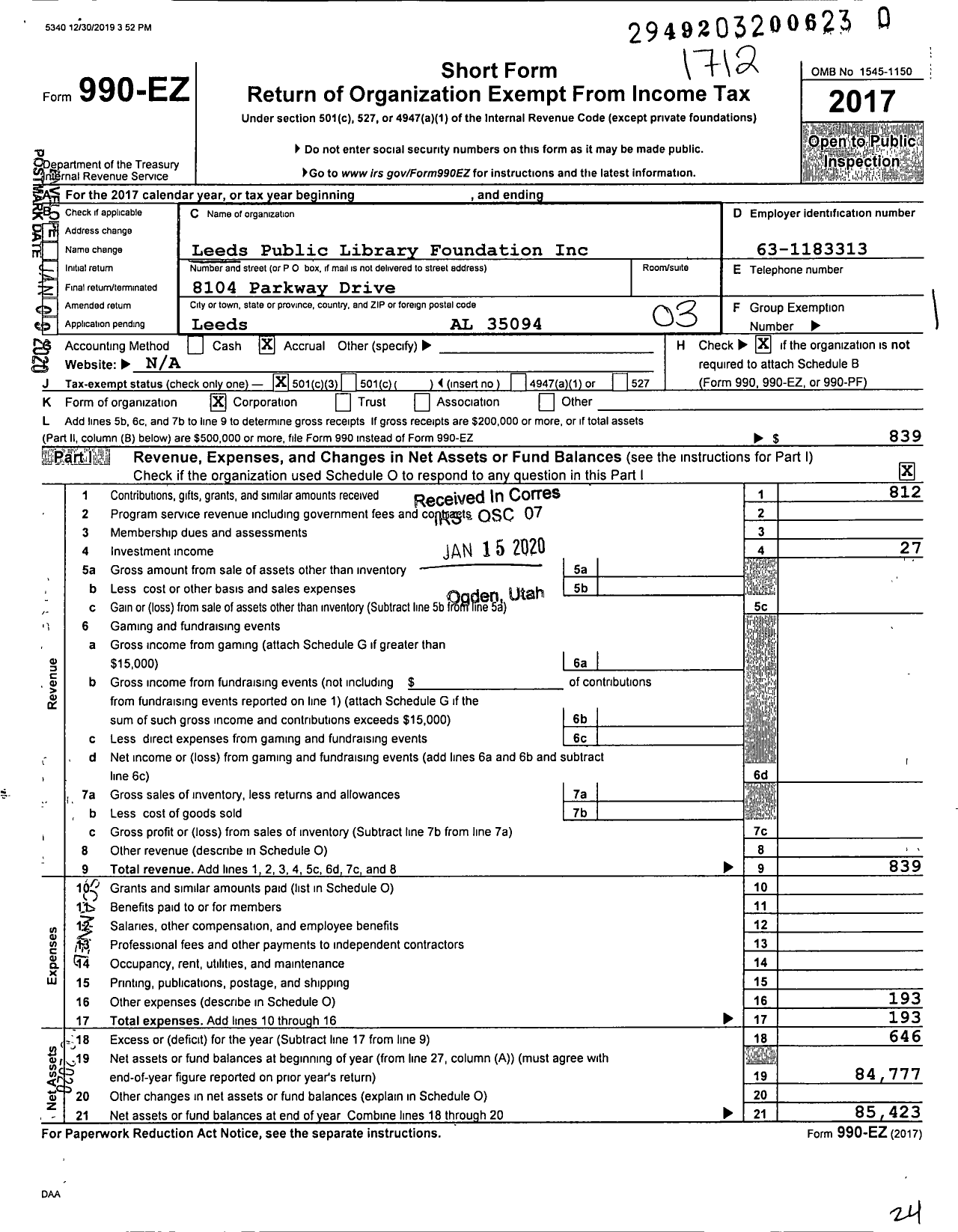 Image of first page of 2017 Form 990EZ for Leeds Public Library Foundation