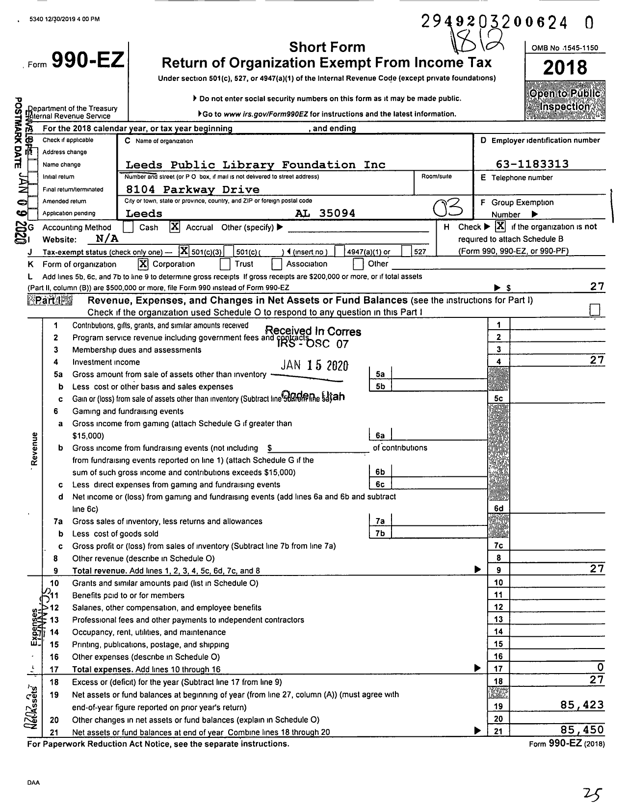 Image of first page of 2018 Form 990EZ for Leeds Public Library Foundation