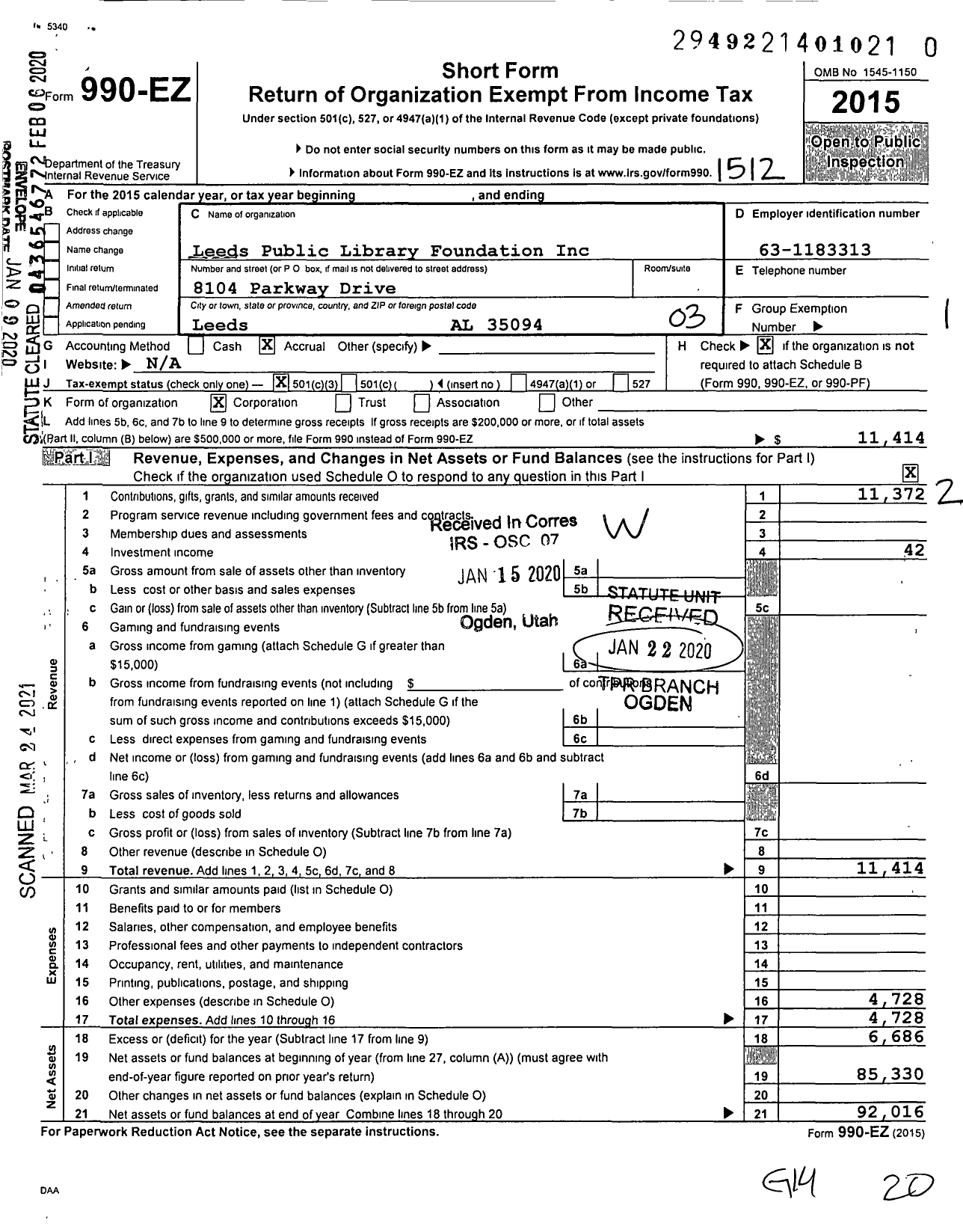 Image of first page of 2015 Form 990EZ for Leeds Public Library Foundation