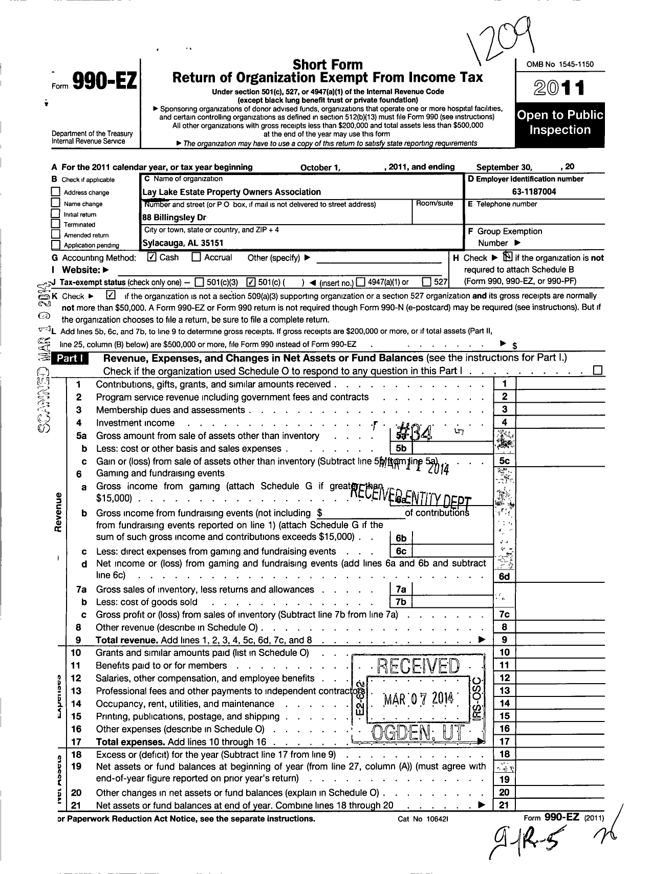 Image of first page of 2011 Form 990EO for Lay Lake Estates Property Owners Association