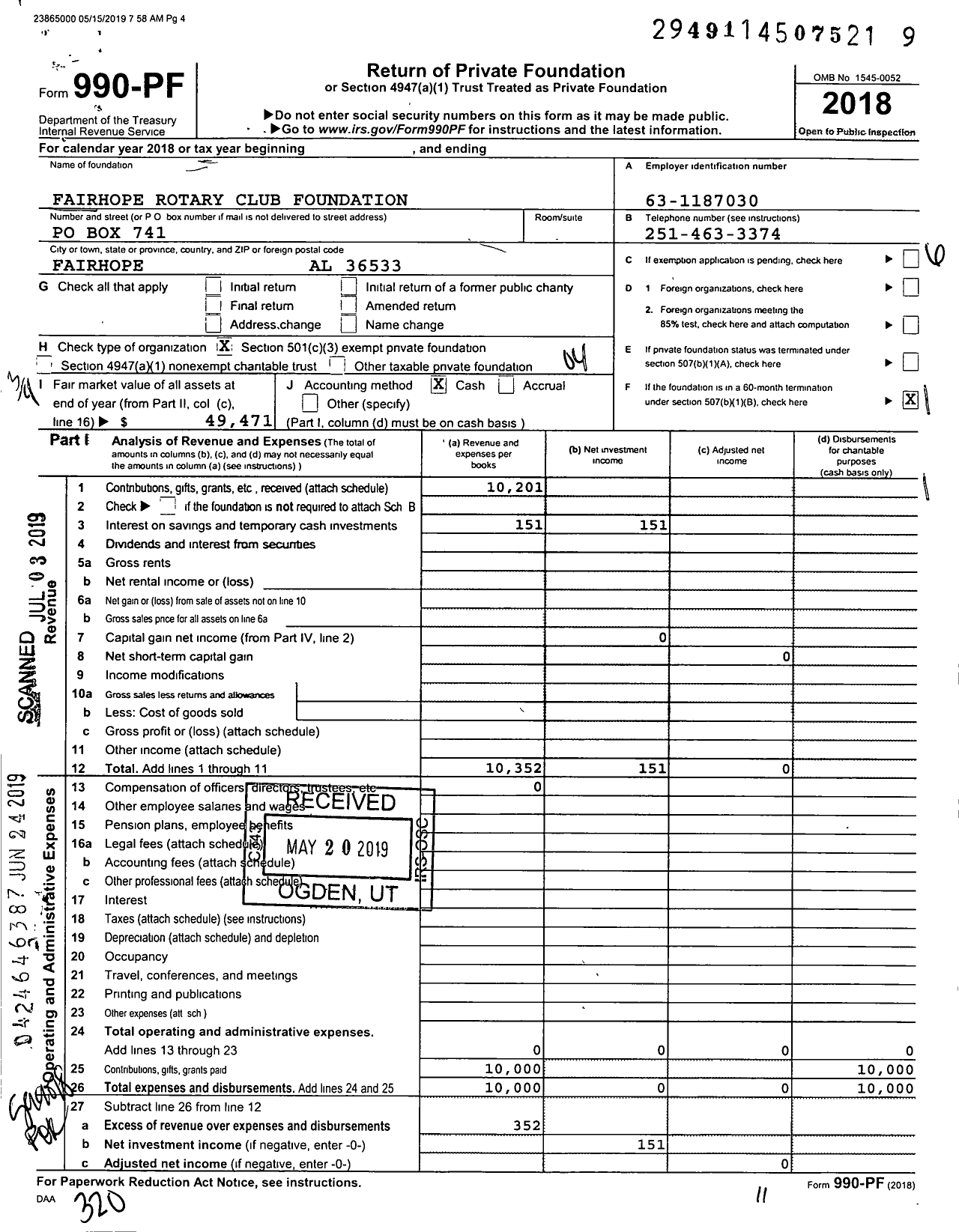 Image of first page of 2018 Form 990PF for Fairhope Rotary Club Foundation