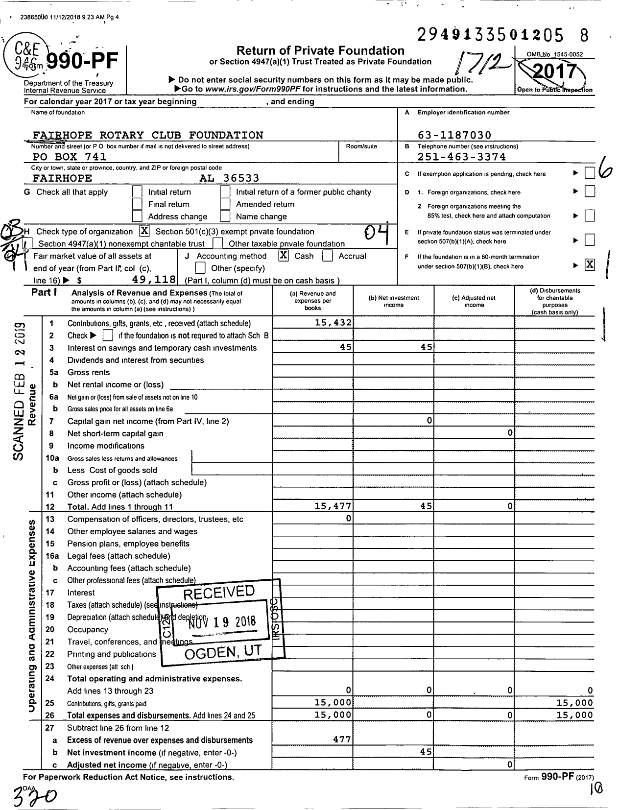 Image of first page of 2017 Form 990PF for Fairhope Rotary Club Foundation