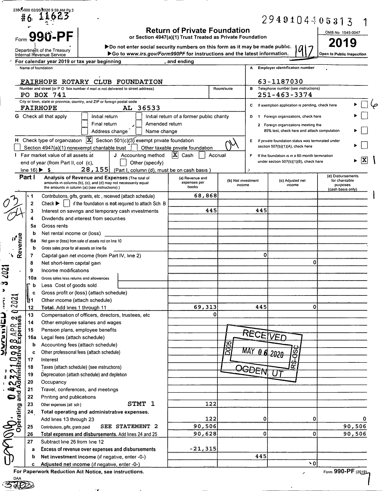 Image of first page of 2019 Form 990PF for Fairhope Rotary Club Foundation