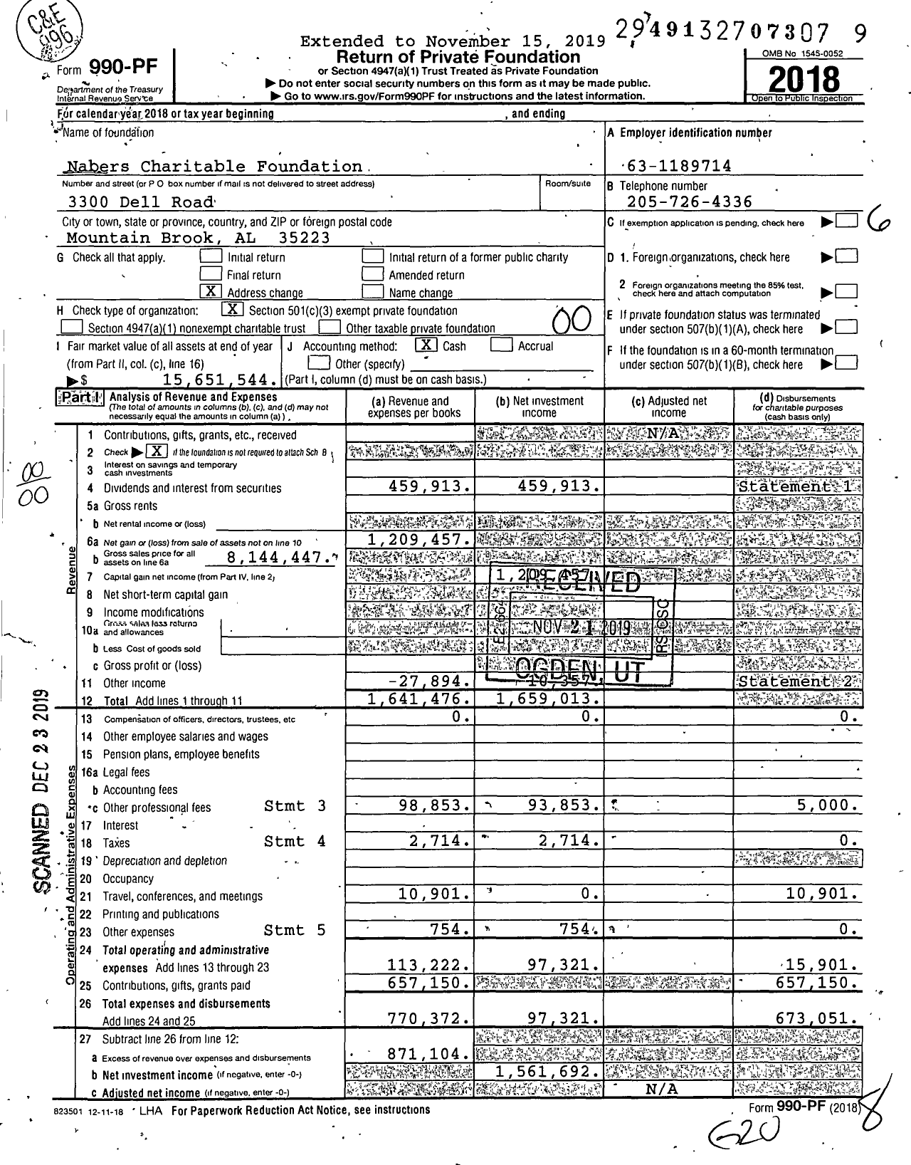 Image of first page of 2018 Form 990PF for The Nabers Charitable Foundation