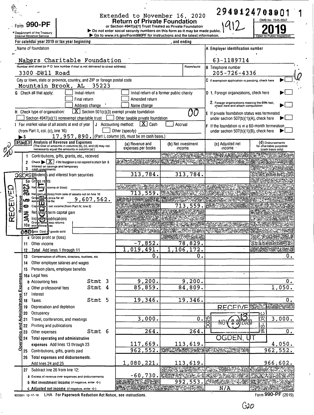 Image of first page of 2019 Form 990PF for The Nabers Charitable Foundation