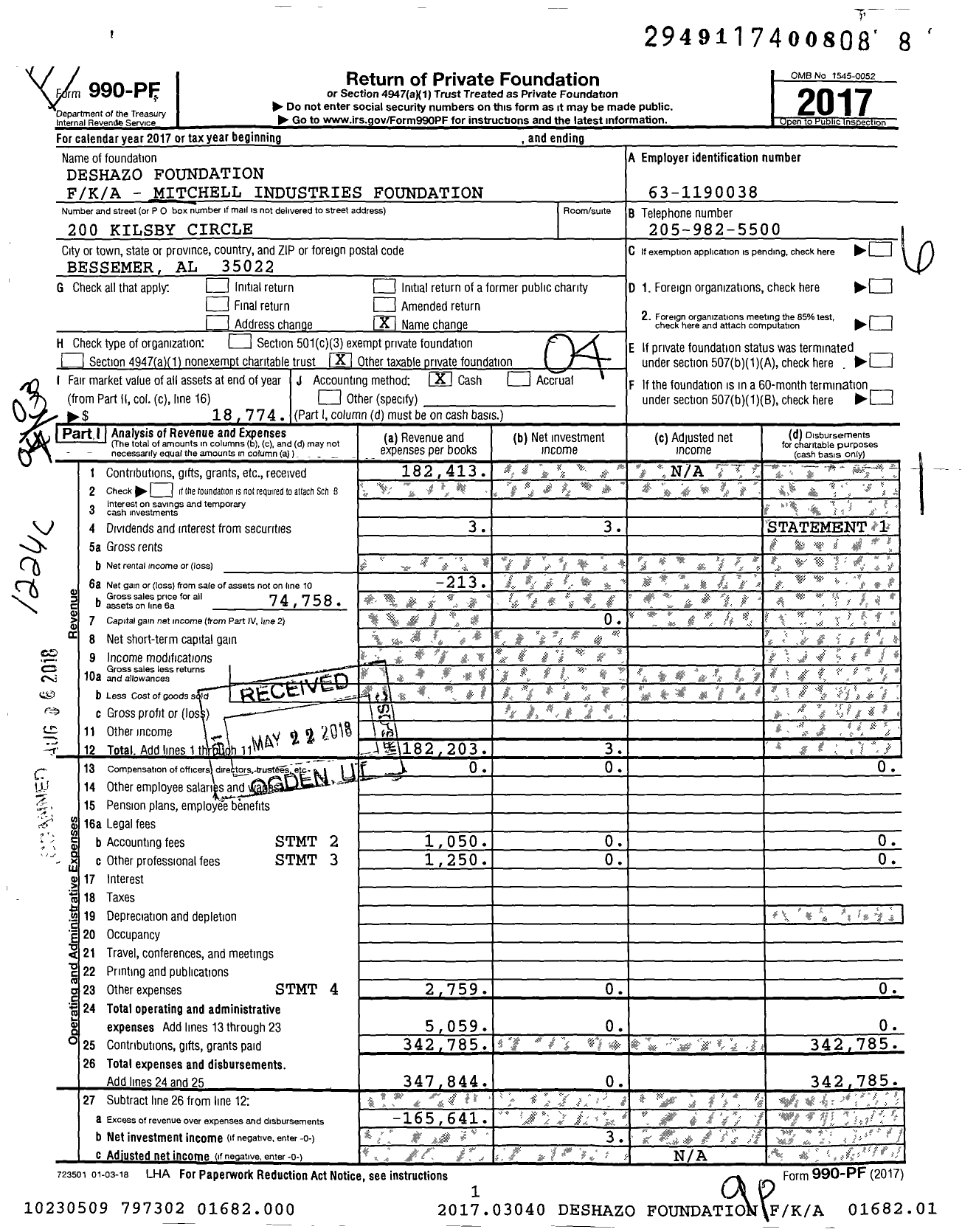 Image of first page of 2017 Form 990PF for Deshazo Foundation Foundation / K / A - Mitchell Industries Foundation