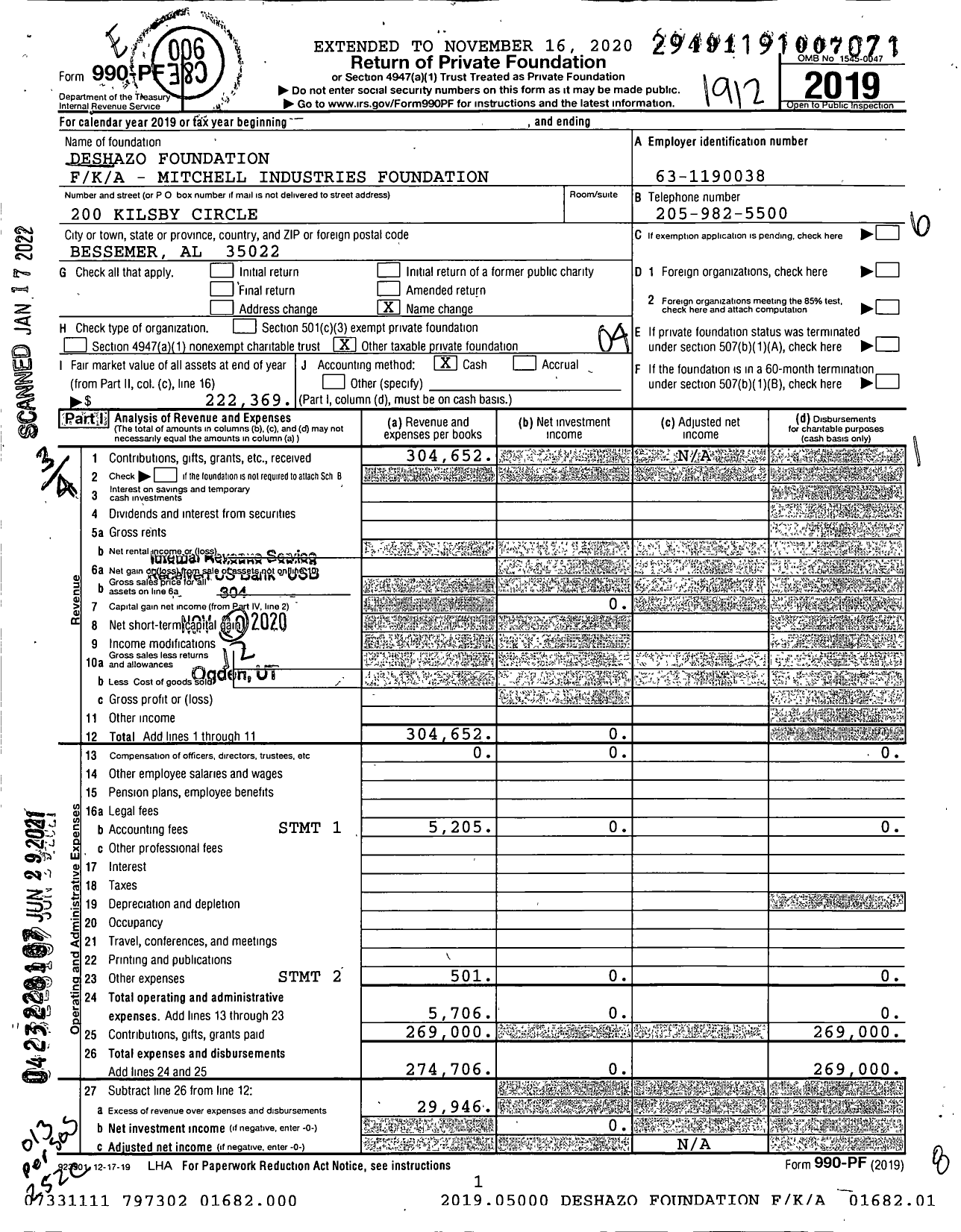 Image of first page of 2019 Form 990PF for Deshazo Foundation Foundation / K / A - Mitchell Industries Foundation