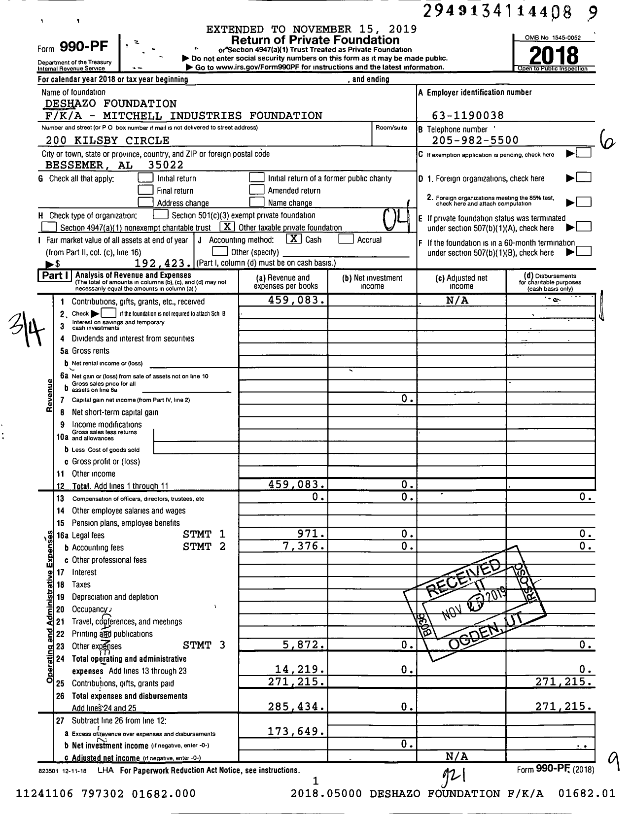Image of first page of 2018 Form 990PF for Deshazo Foundation Foundation / K / A - Mitchell Industries Foundation