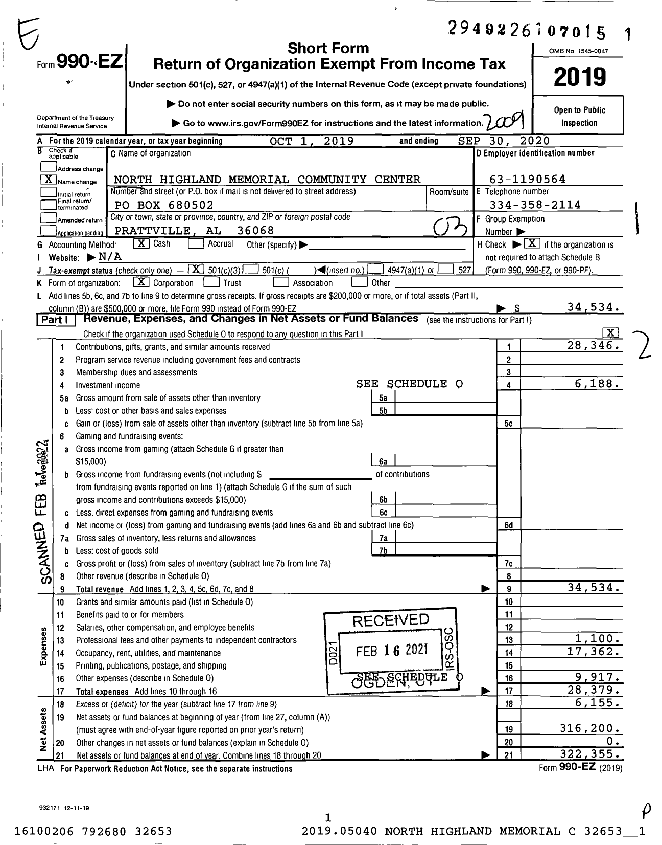 Image of first page of 2019 Form 990EZ for North Highland Memorial Community Center