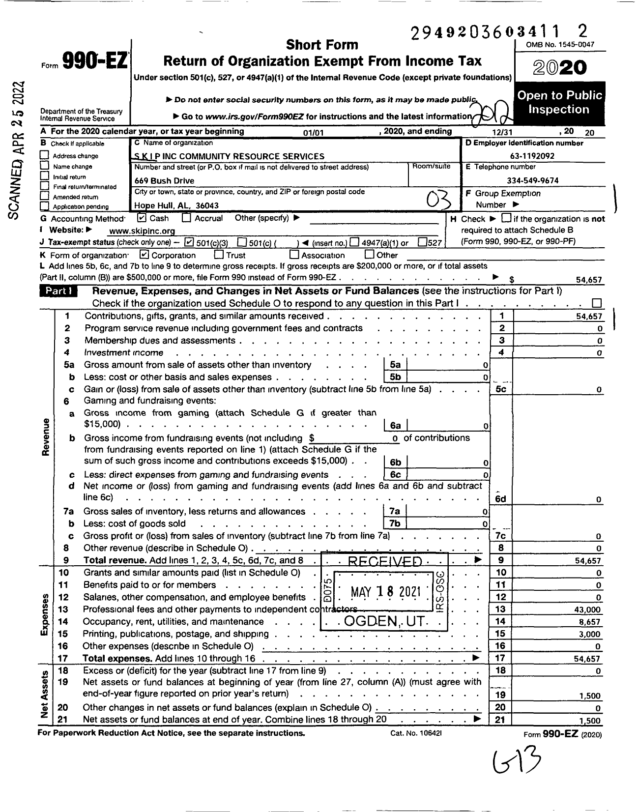 Image of first page of 2020 Form 990EZ for S K I P Community Resource Services