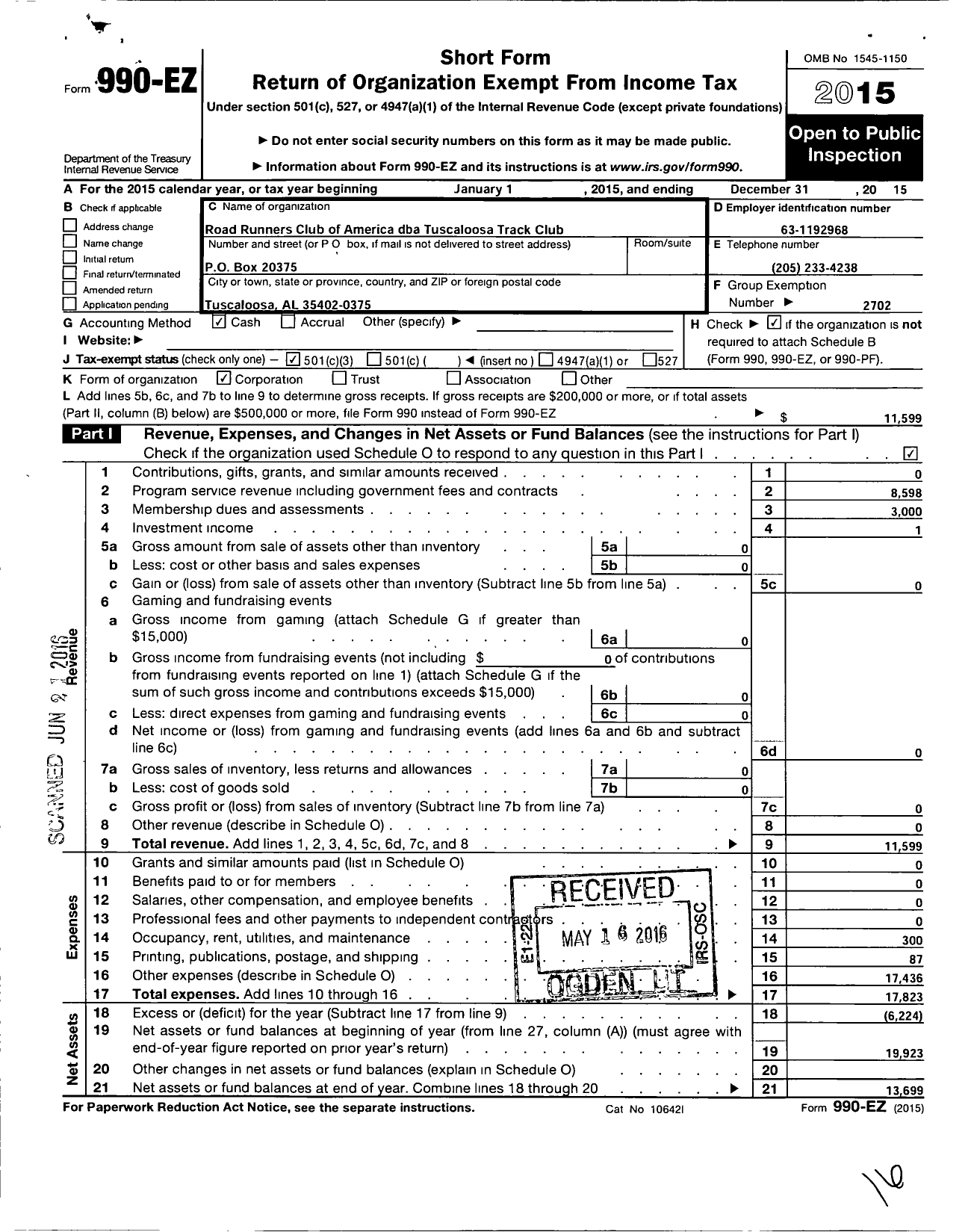 Image of first page of 2015 Form 990EZ for Road Runners Club of America / Tuscaloosa Track Club