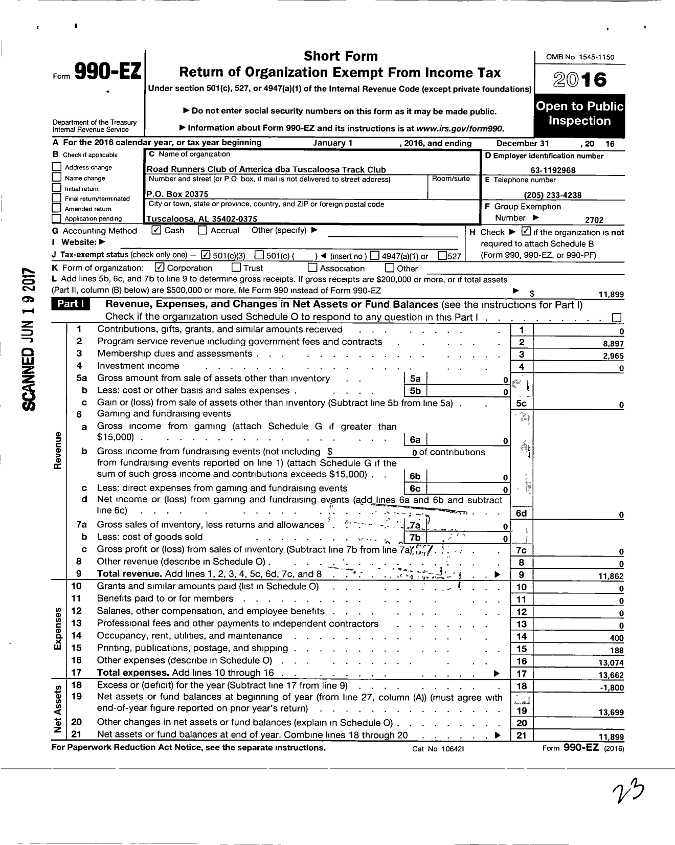 Image of first page of 2016 Form 990EZ for Road Runners Club of America / Tuscaloosa Track Club