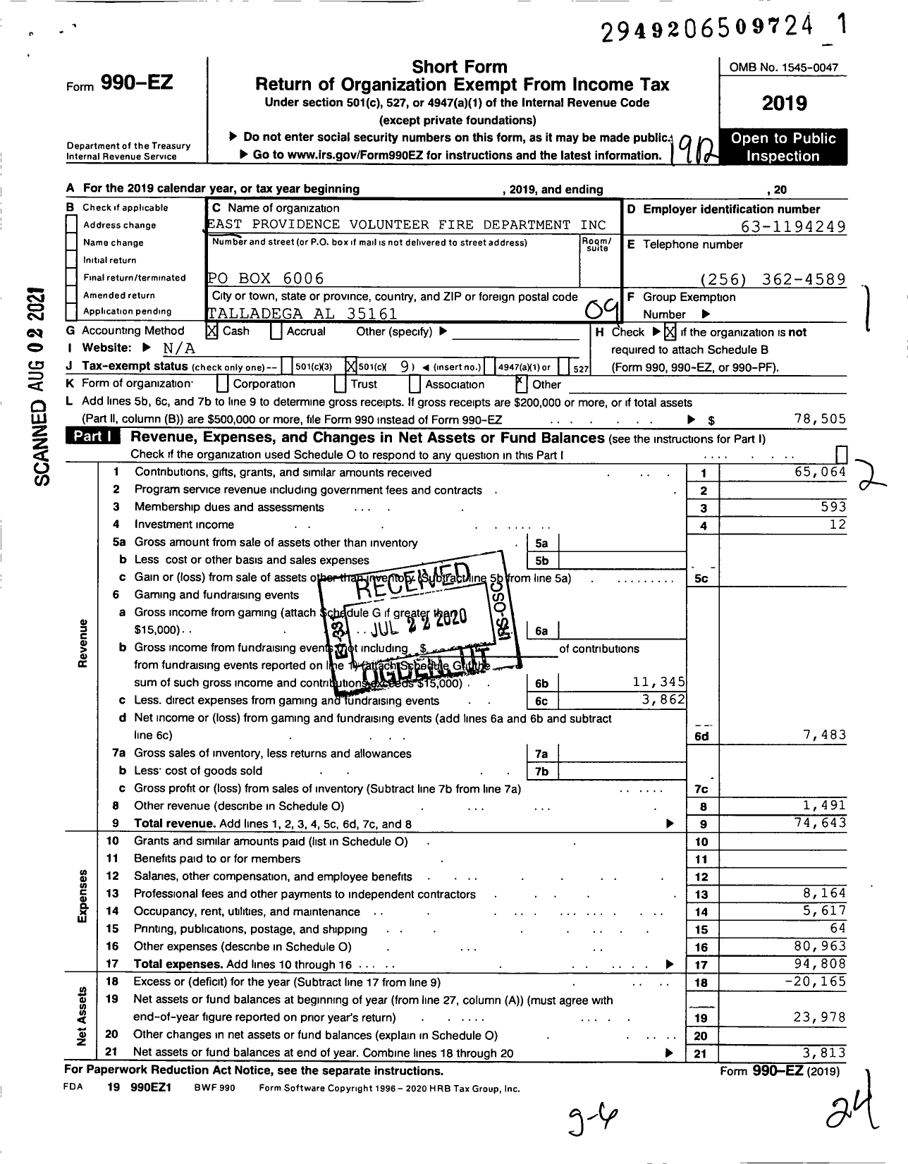 Image of first page of 2019 Form 990EO for East Providence Volunteer Fire Department