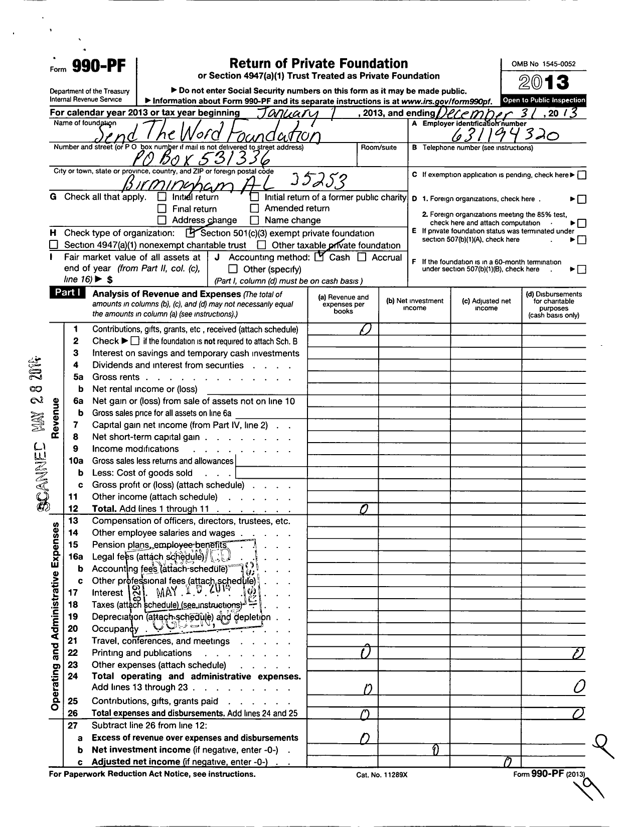 Image of first page of 2013 Form 990PF for Send the Word Foundation