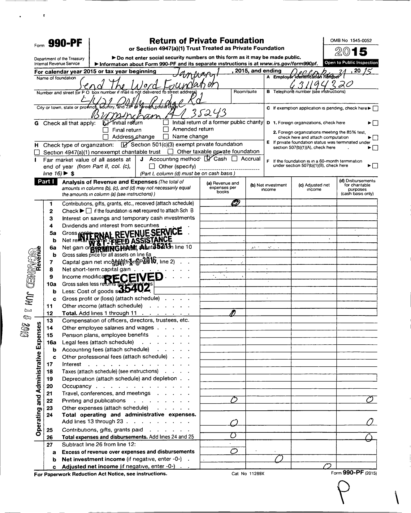 Image of first page of 2015 Form 990PF for Send the Word Foundation