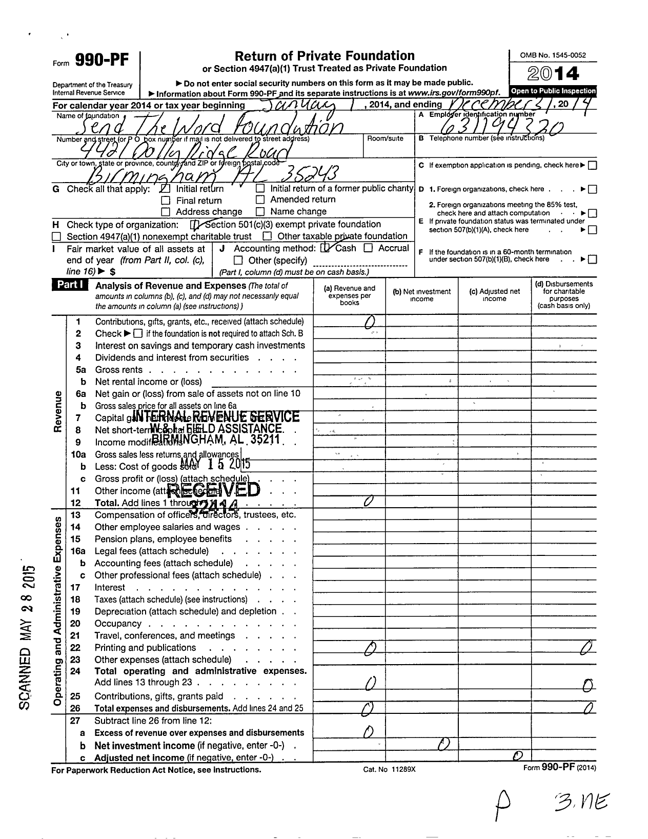 Image of first page of 2014 Form 990PF for Send the Word Foundation