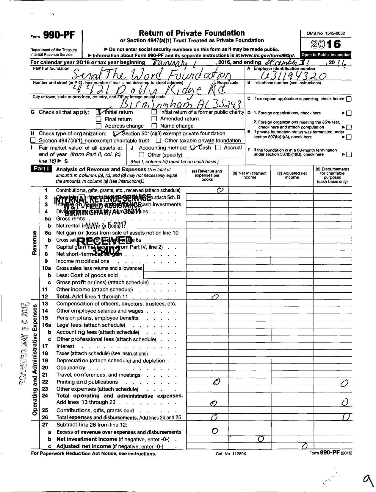 Image of first page of 2016 Form 990PF for Send the Word Foundation