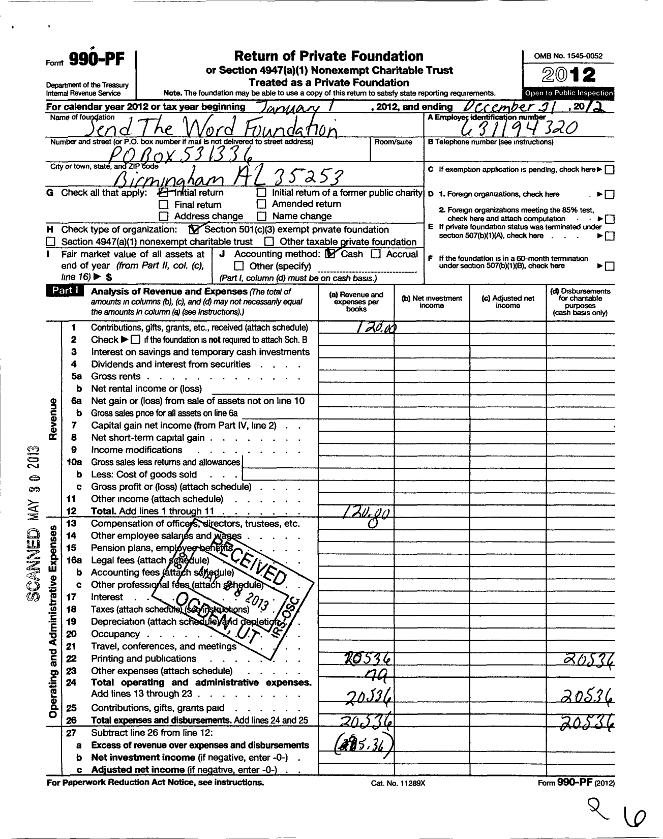 Image of first page of 2012 Form 990PF for Send the Word Foundation