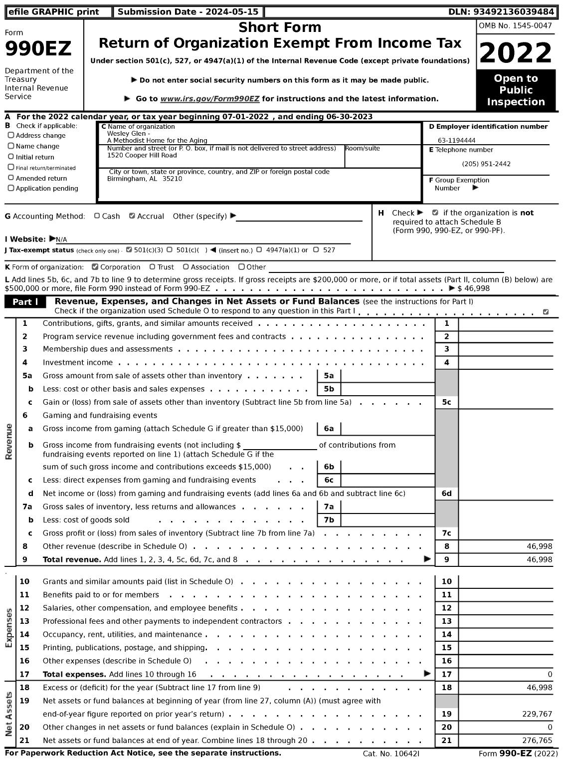Image of first page of 2022 Form 990EZ for Wesley Glen - A Methodist Home for the Aging