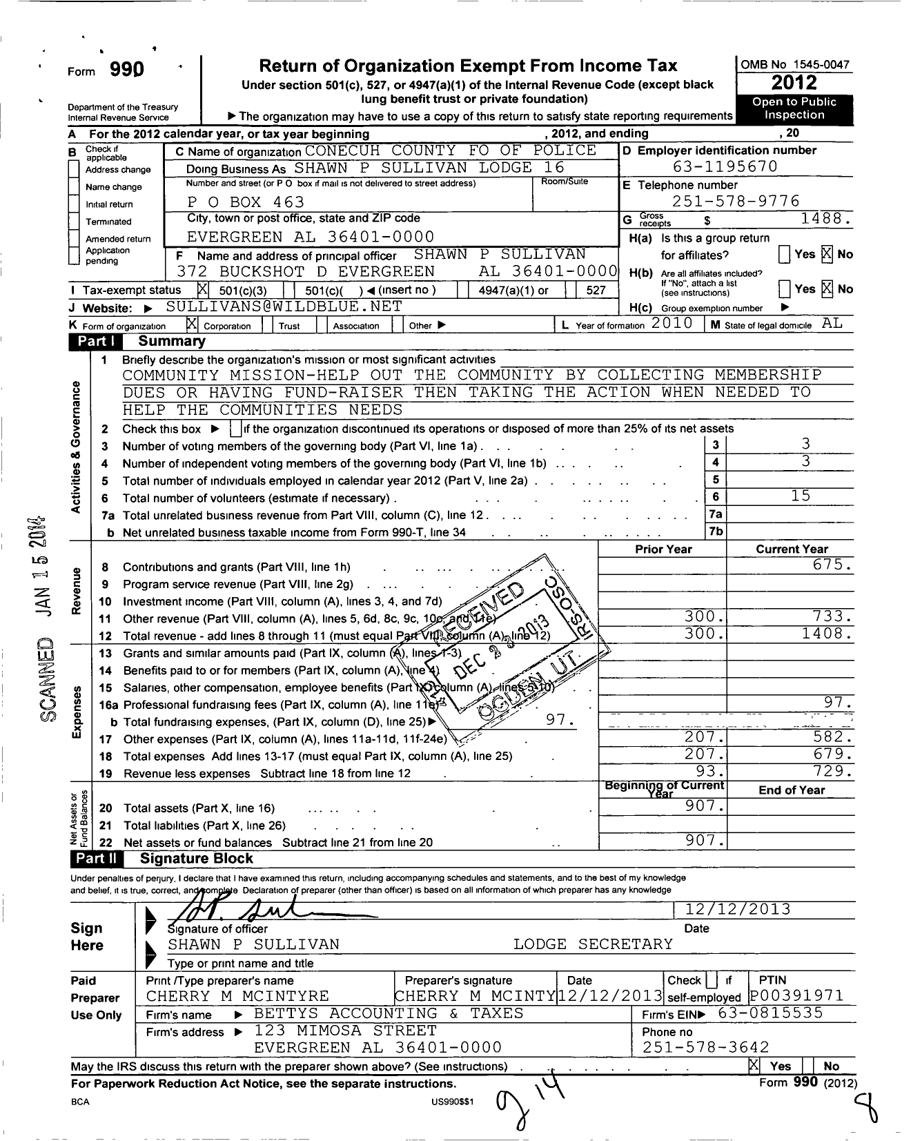 Image of first page of 2012 Form 990 for Fraternal Order of Police