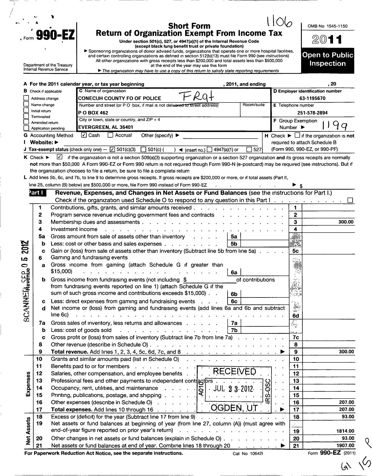 Image of first page of 2011 Form 990EZ for Fraternal Order of Police