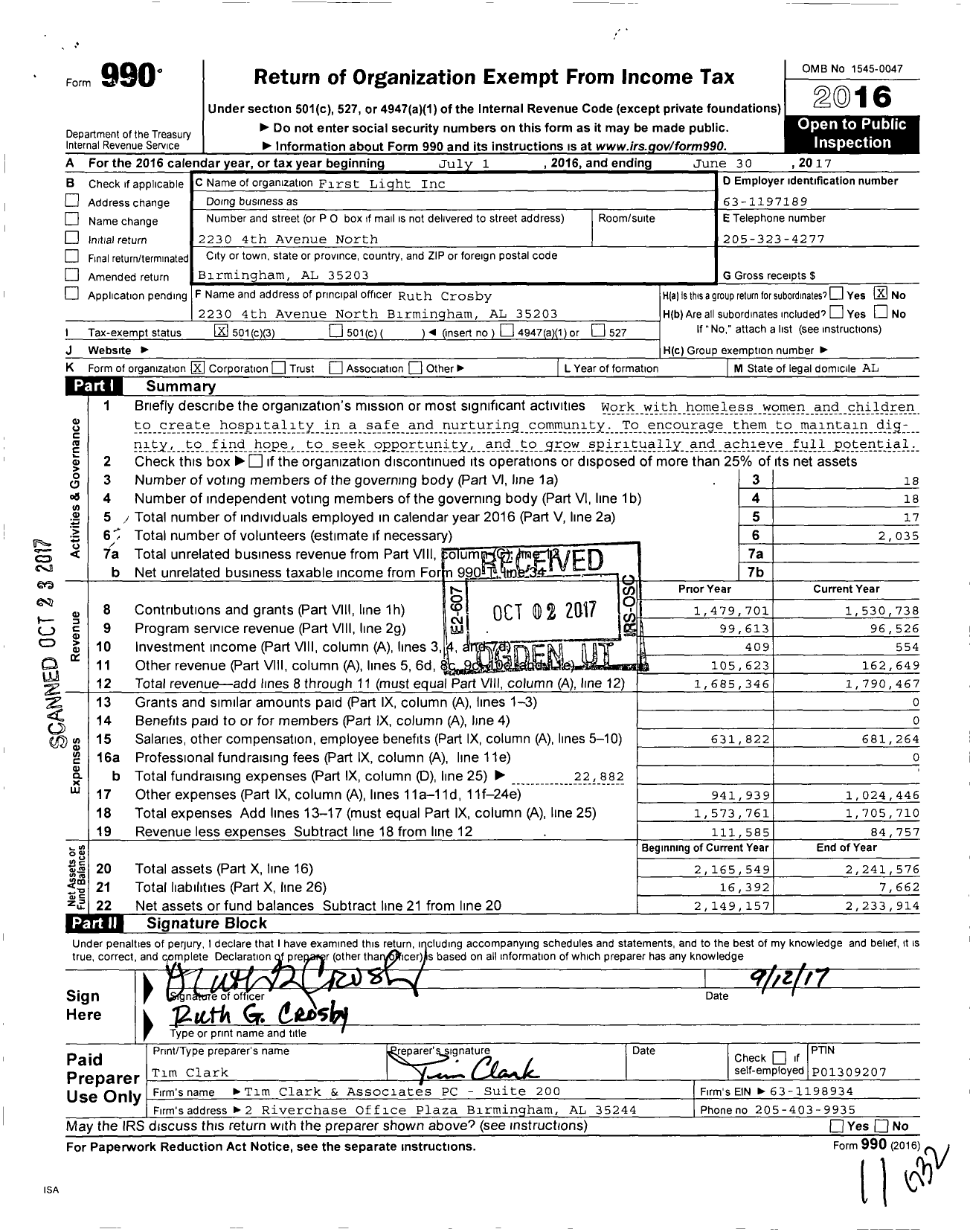 Image of first page of 2016 Form 990 for First Light