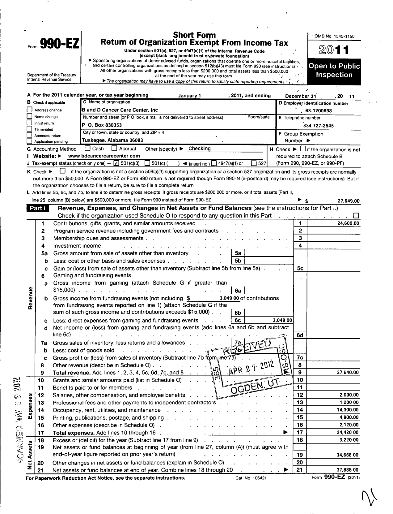 Image of first page of 2011 Form 990EZ for B and D Cancer Care Center