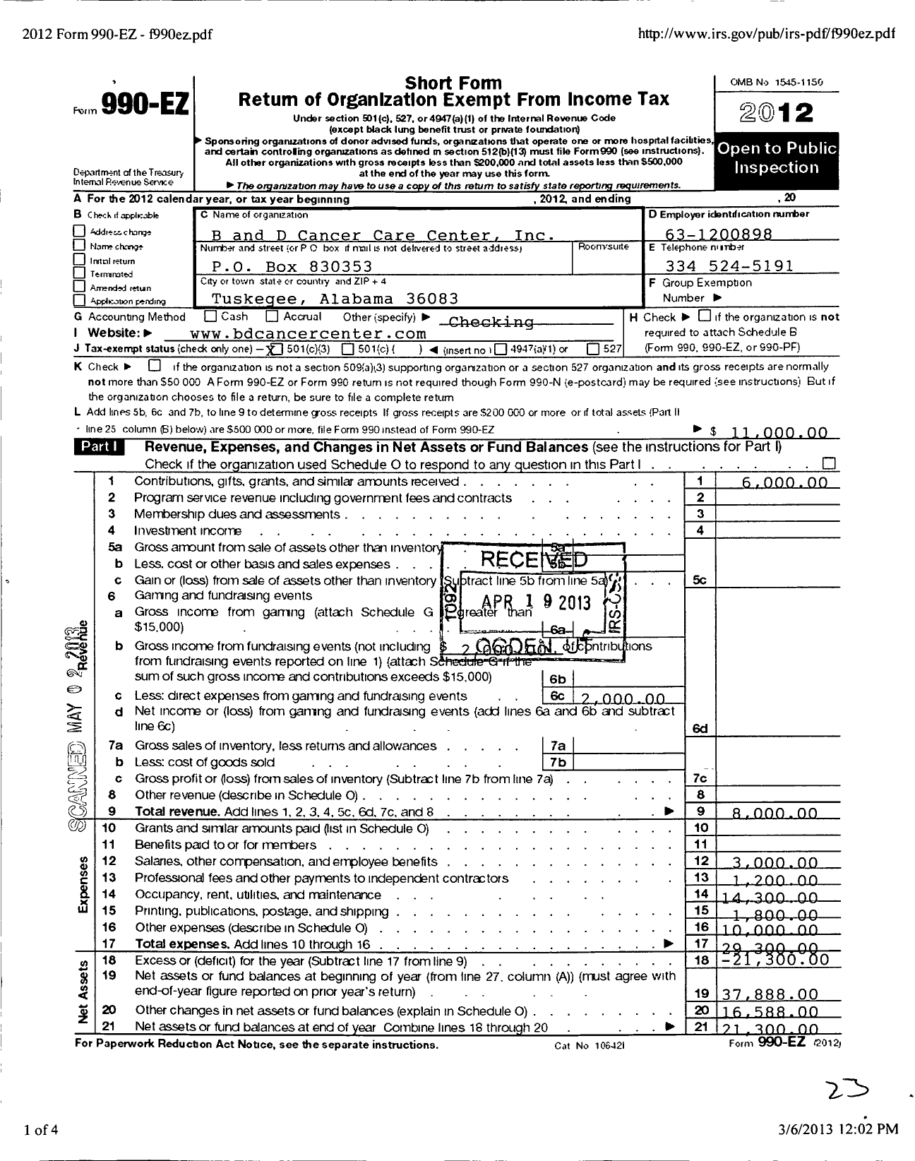 Image of first page of 2012 Form 990EZ for B and D Cancer Care Center