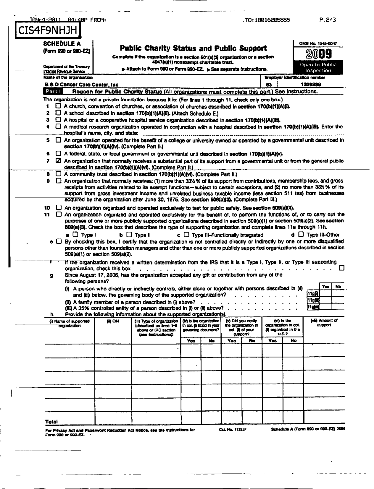 Image of first page of 2009 Form 990ER for B and D Cancer Care Center