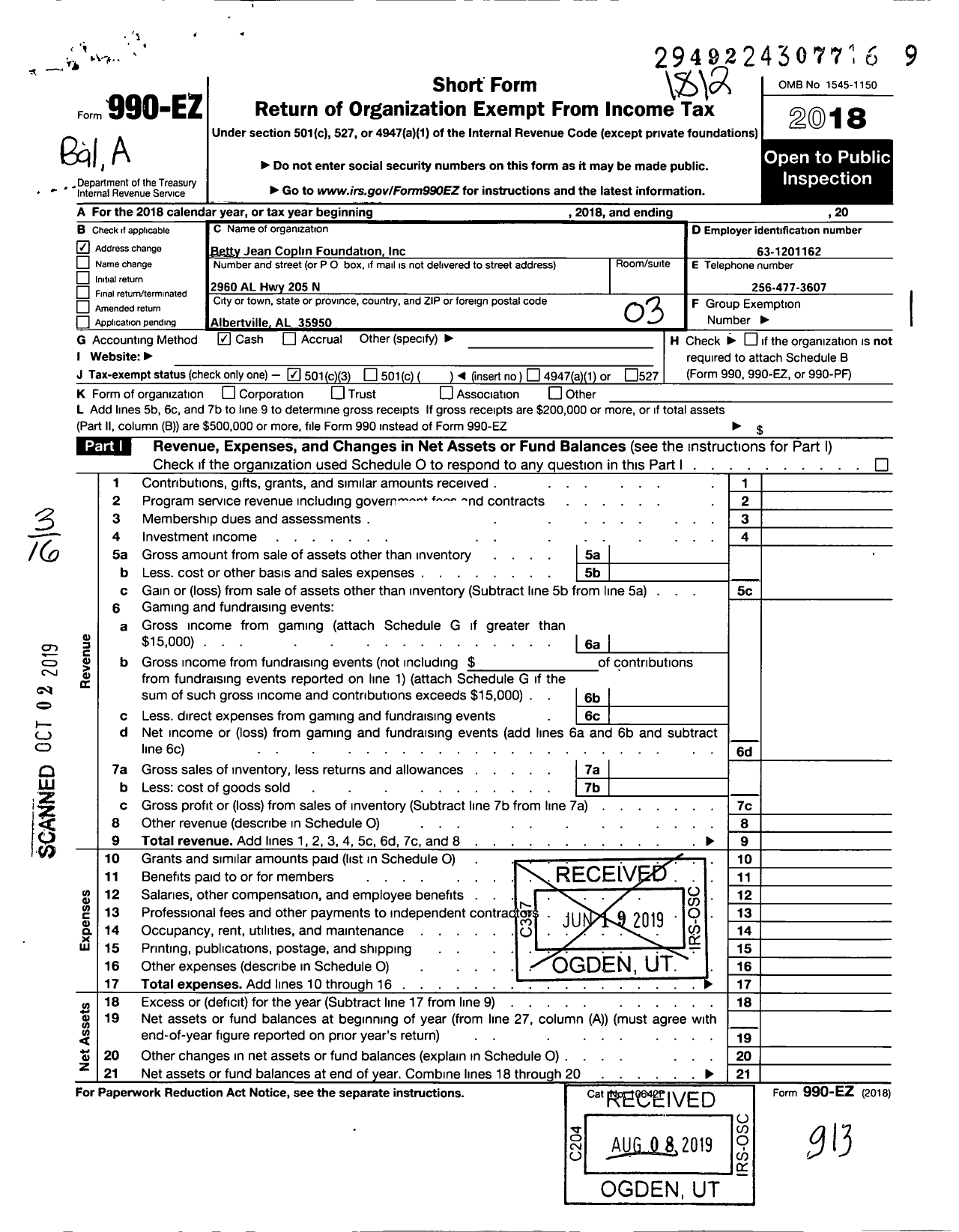 Image of first page of 2018 Form 990EZ for Betty Jean Coplin Foundation