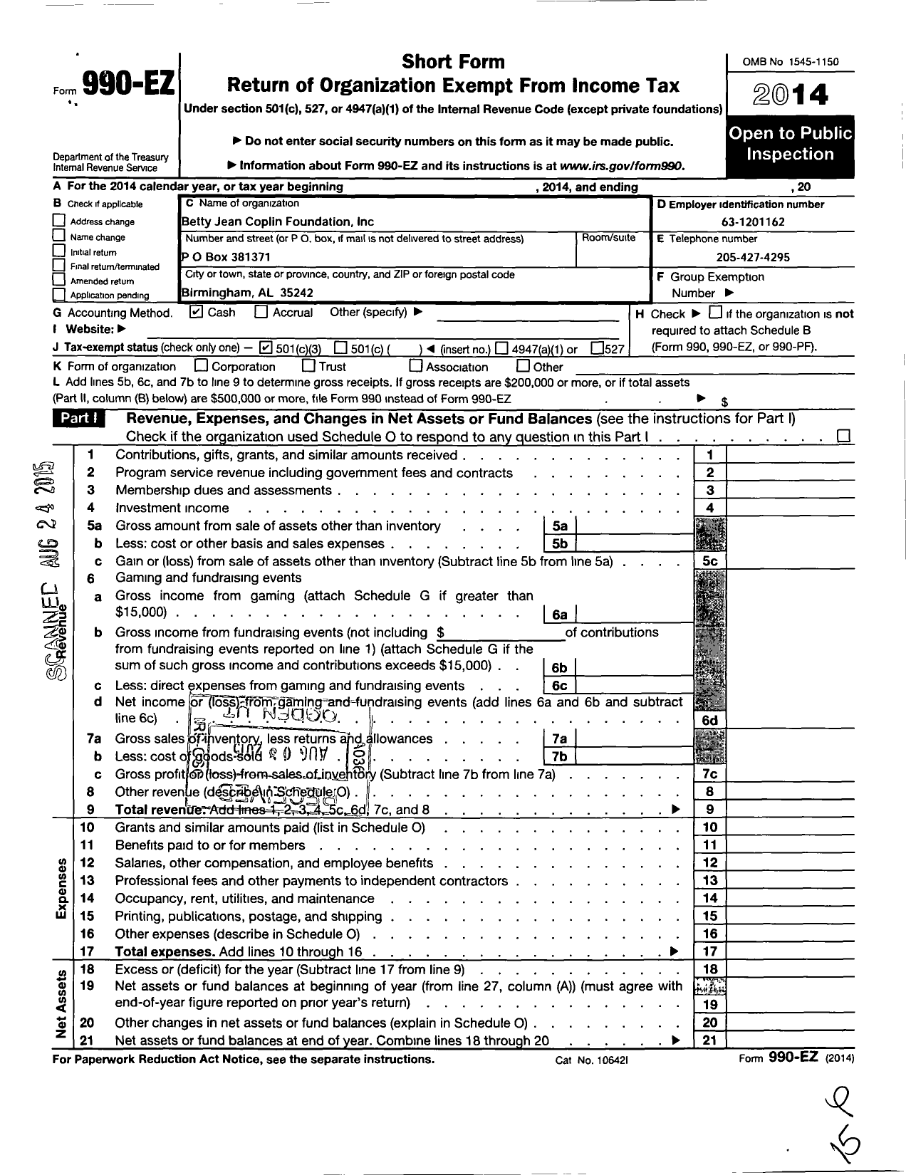 Image of first page of 2014 Form 990EZ for Betty Jean Coplin Foundation