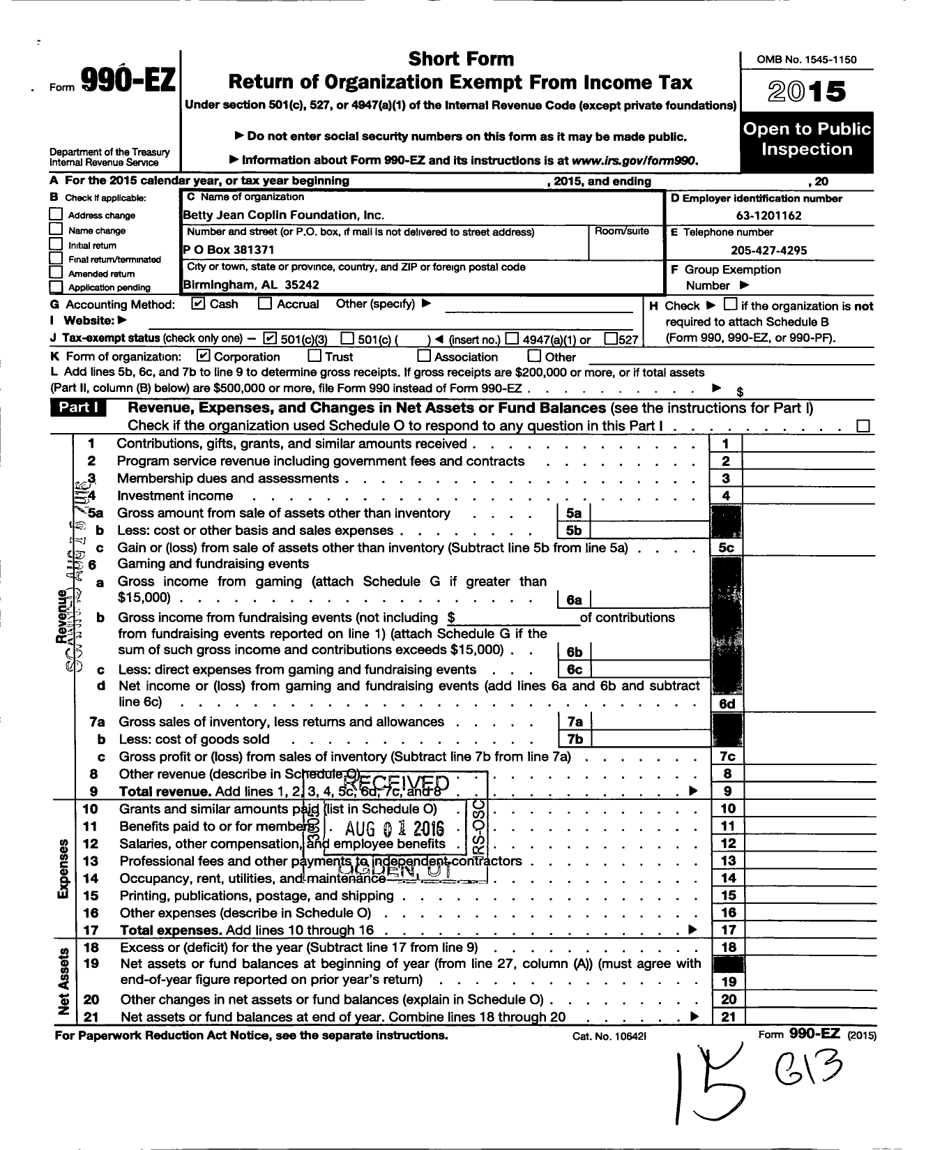 Image of first page of 2015 Form 990EZ for Betty Jean Coplin Foundation