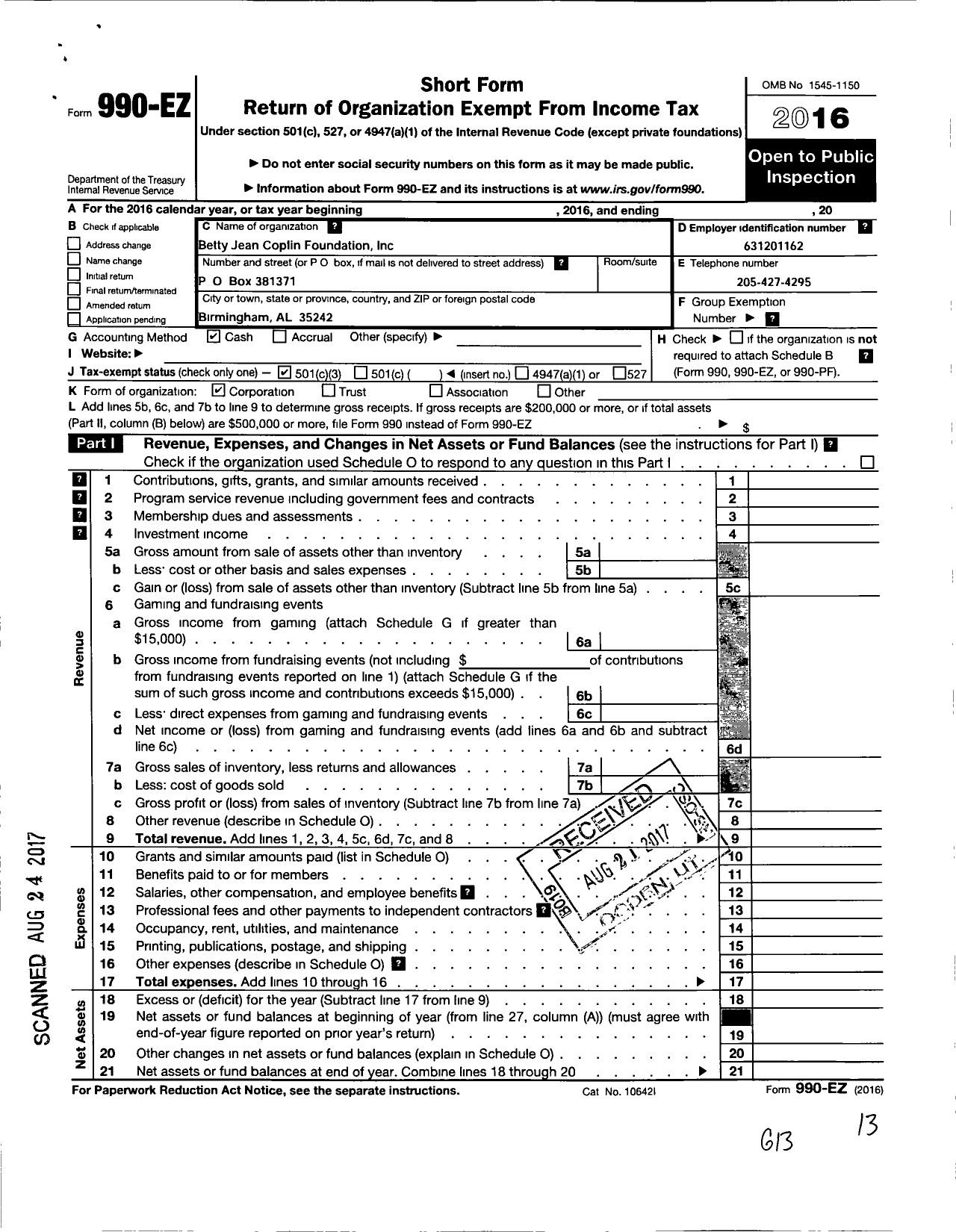 Image of first page of 2016 Form 990EZ for Betty Jean Coplin Foundation