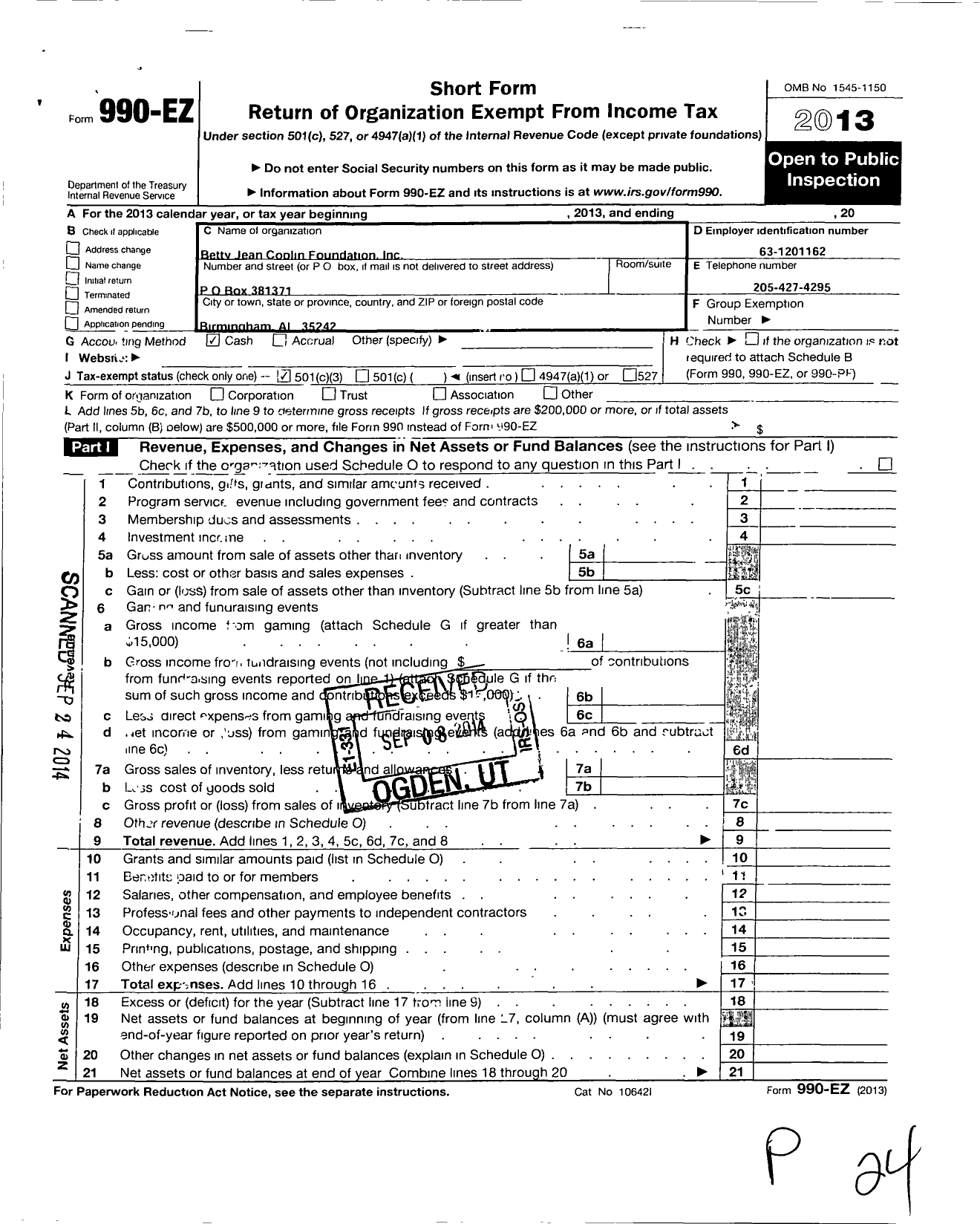 Image of first page of 2013 Form 990EZ for Betty Jean Coplin Foundation