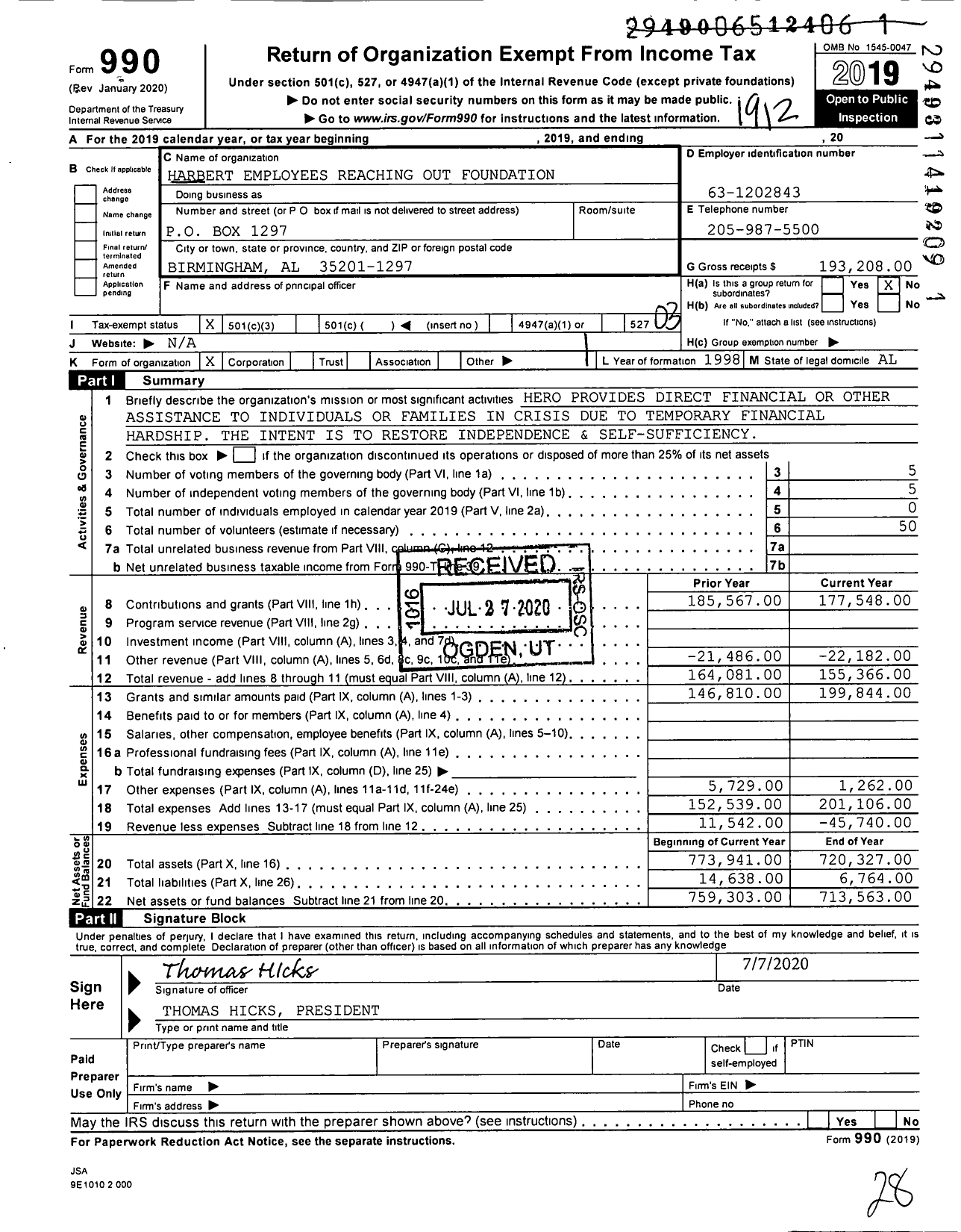 Image of first page of 2019 Form 990 for Harbert Employees Reaching Out Foundation