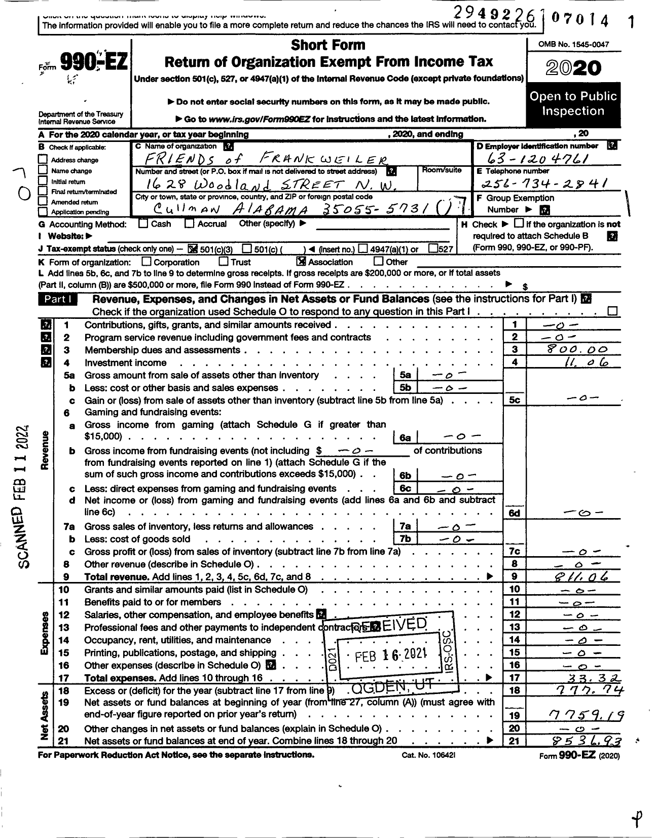 Image of first page of 2020 Form 990EO for Friends of Frankweiler