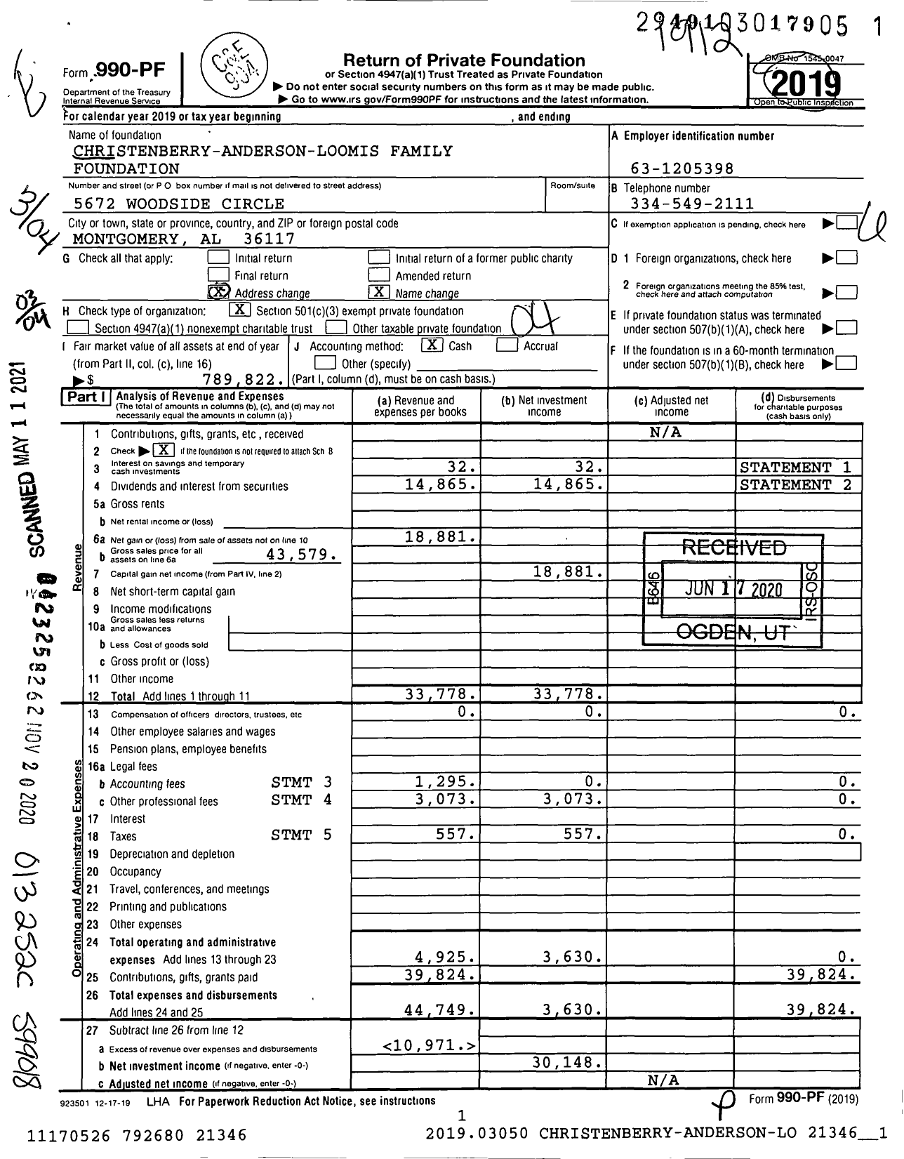 Image of first page of 2019 Form 990PF for Christenberry-Anderson-Loomis Family Foundation