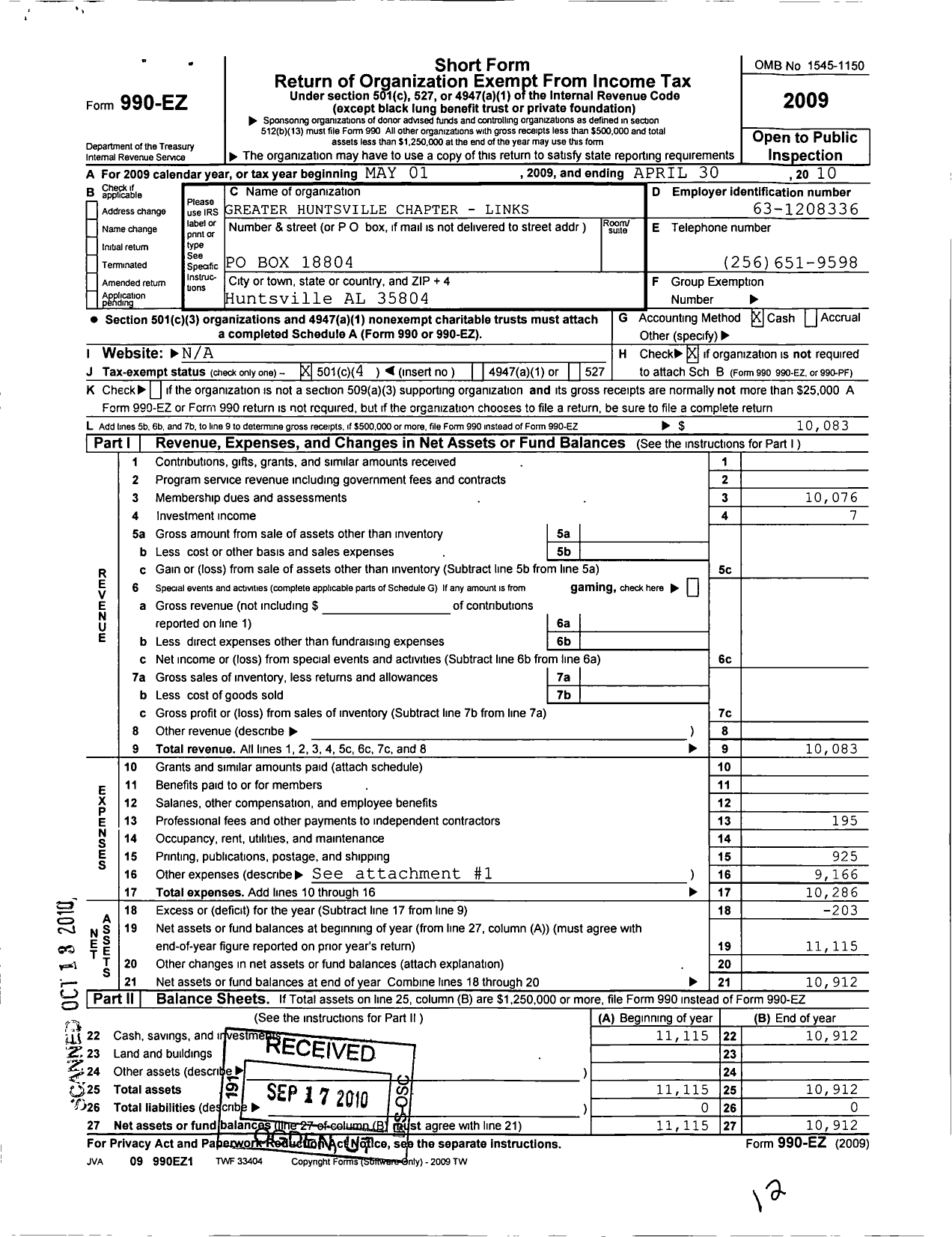 Image of first page of 2009 Form 990EO for Links / Greater Huntsville Chapter