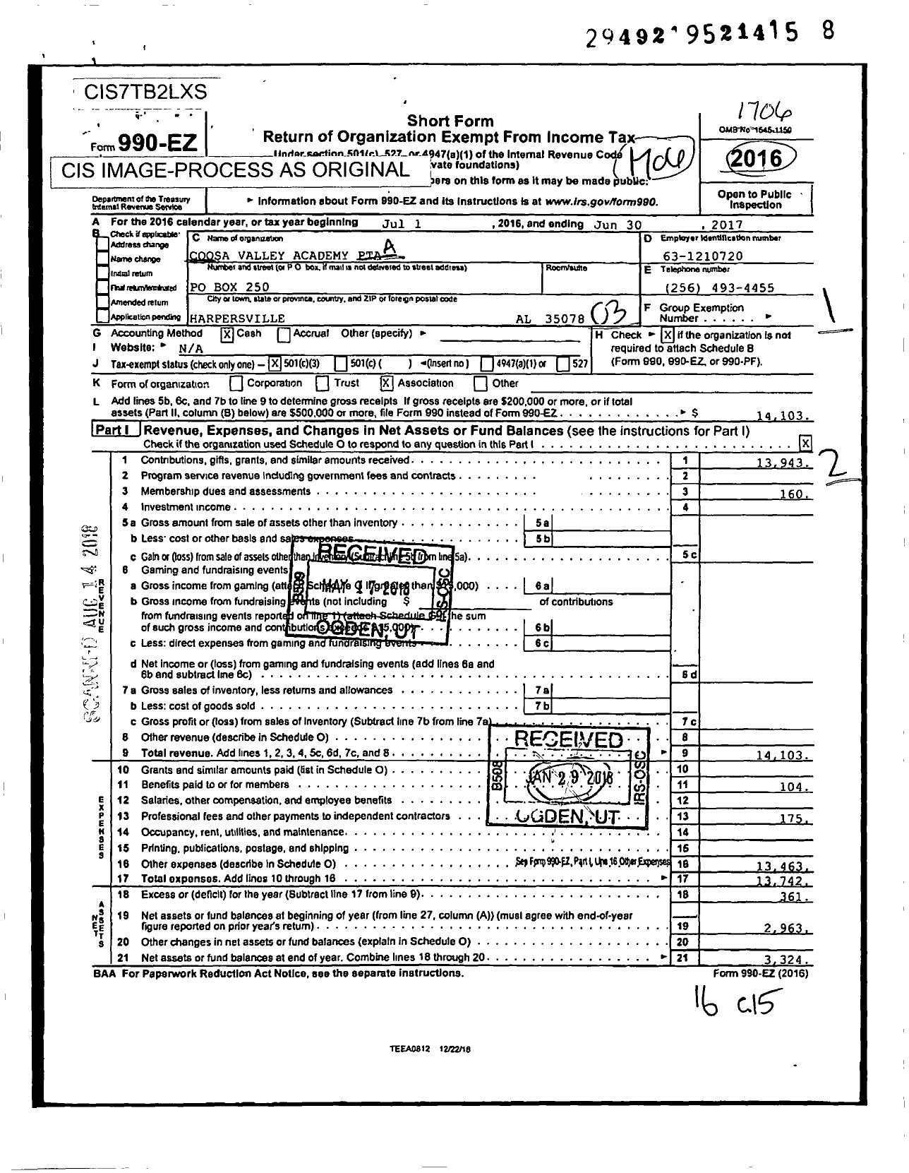 Image of first page of 2016 Form 990EZ for PTA Alabama Congress / Coosa Valley Academy PTA