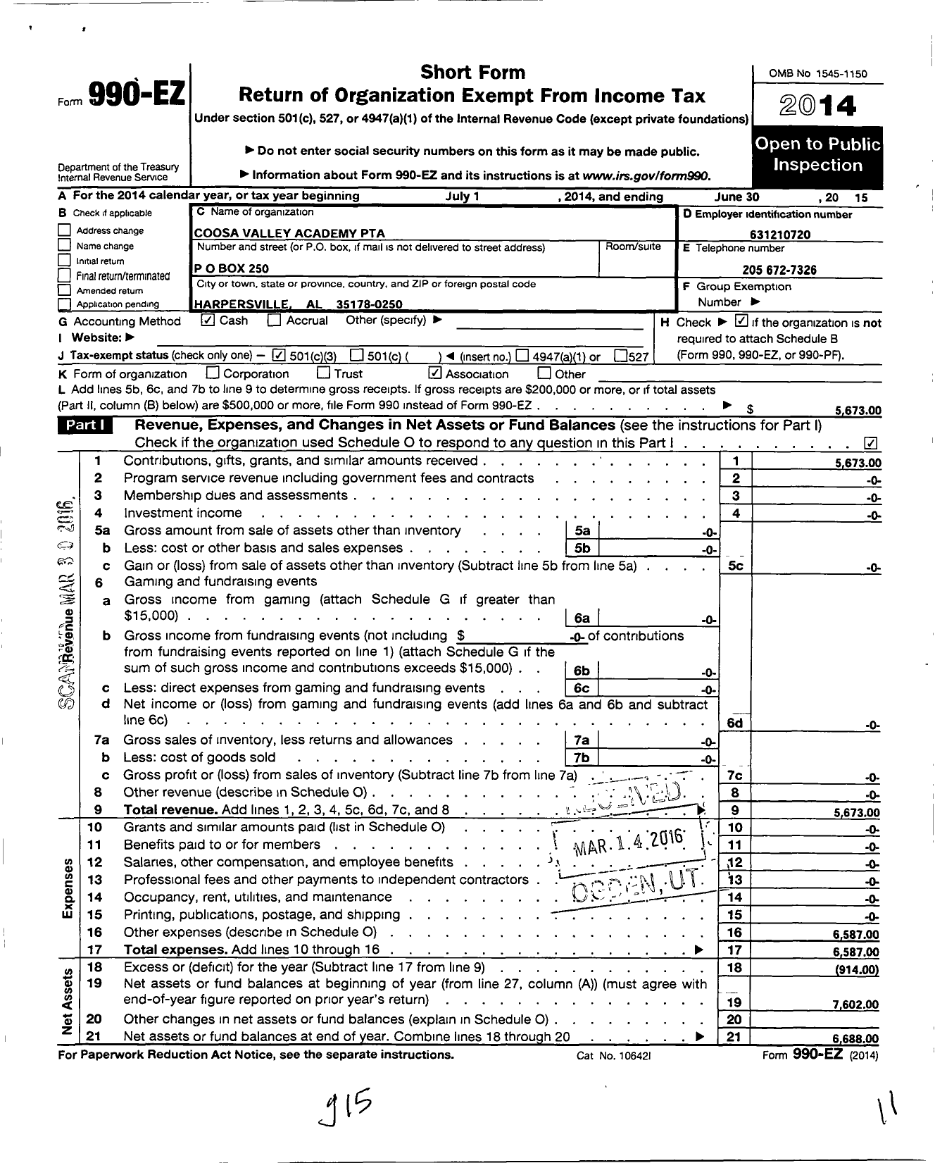 Image of first page of 2014 Form 990EZ for PTA Alabama Congress / Coosa Valley Academy PTA