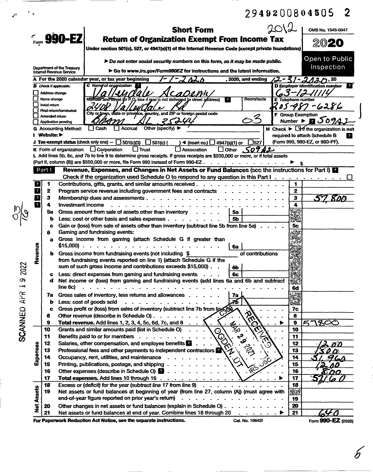 Image of first page of 2020 Form 990EZ for Valleydale Christian Church and Academy