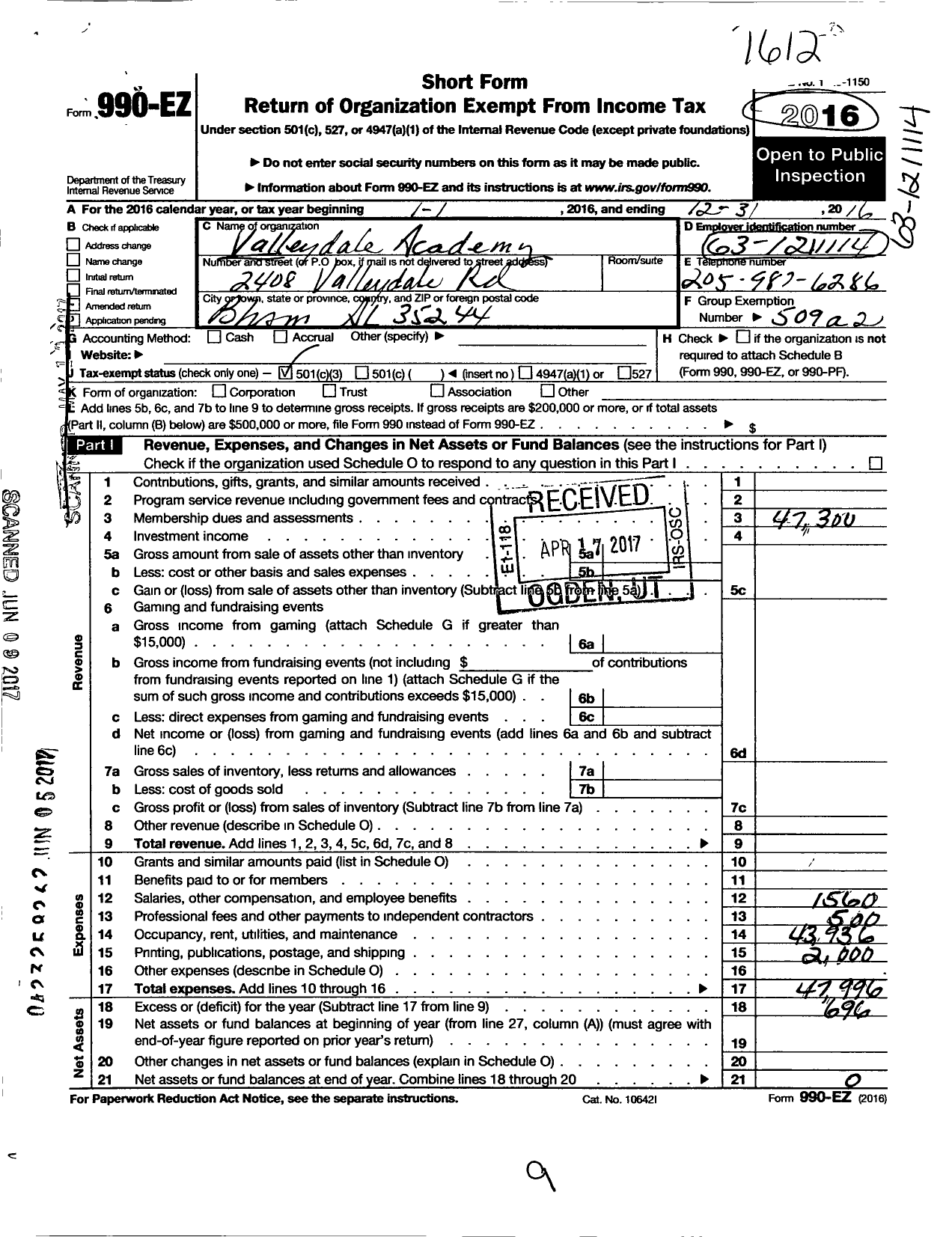 Image of first page of 2016 Form 990EZ for Valleydale Christian Church and Academy