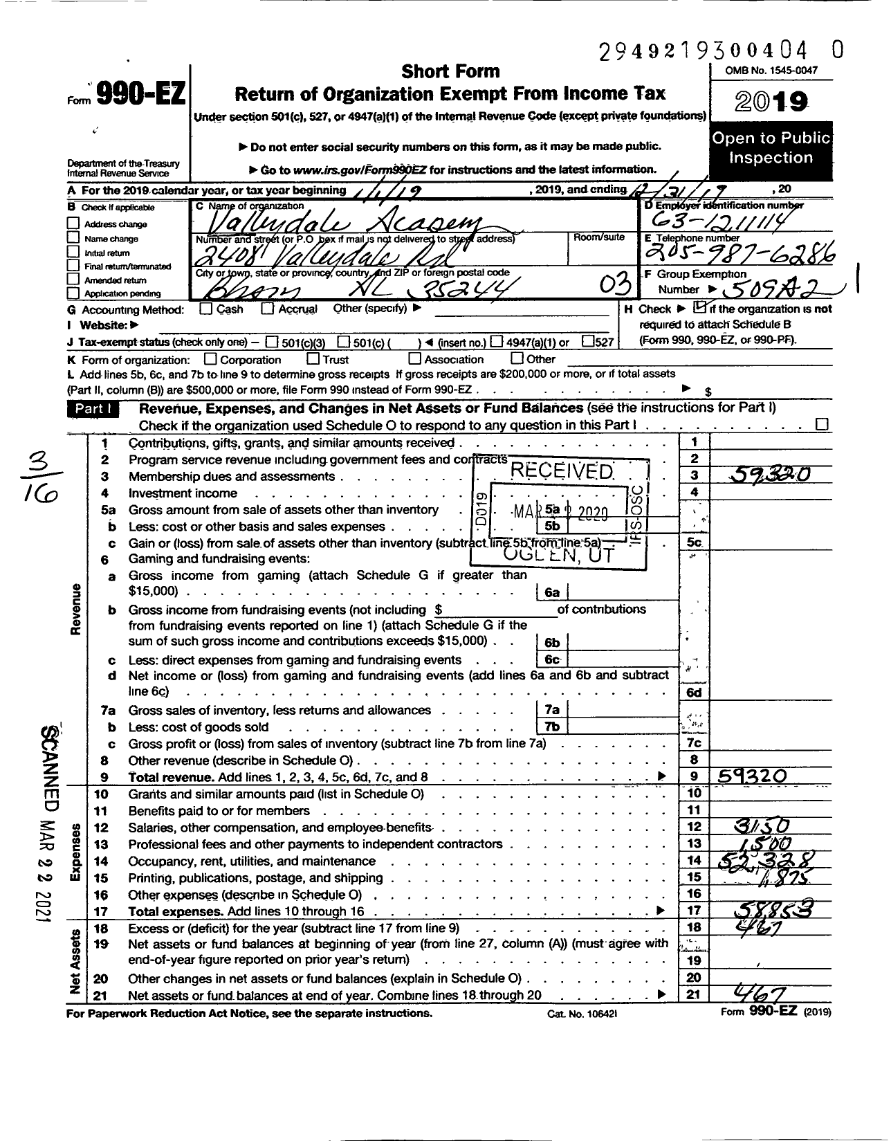 Image of first page of 2019 Form 990EZ for Valleydale Christian Church and Academy